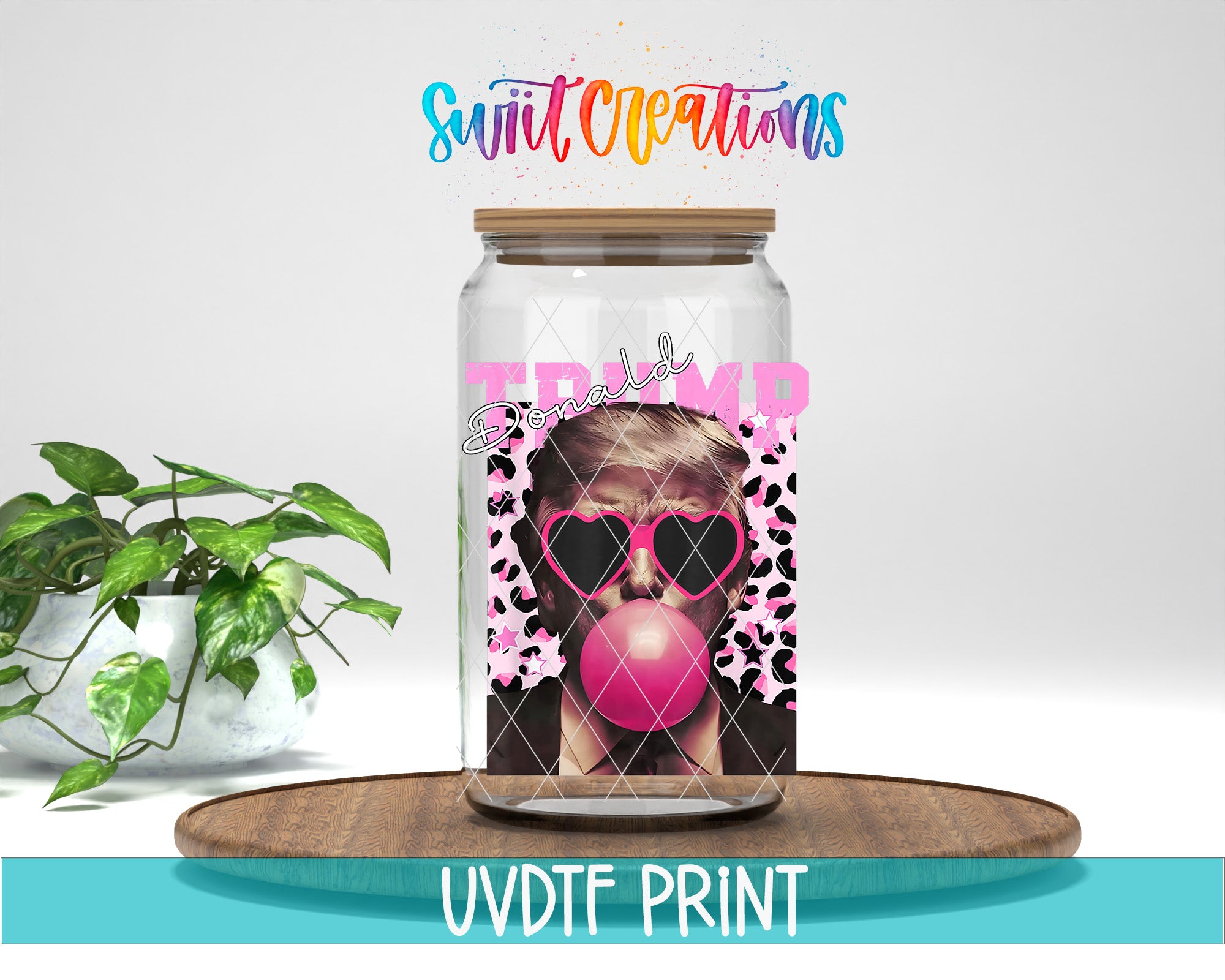 A glass jar with a label featuring a person wearing sunglasses and a Trump campaign slogan, placed on a wooden surface next to a potted plant.