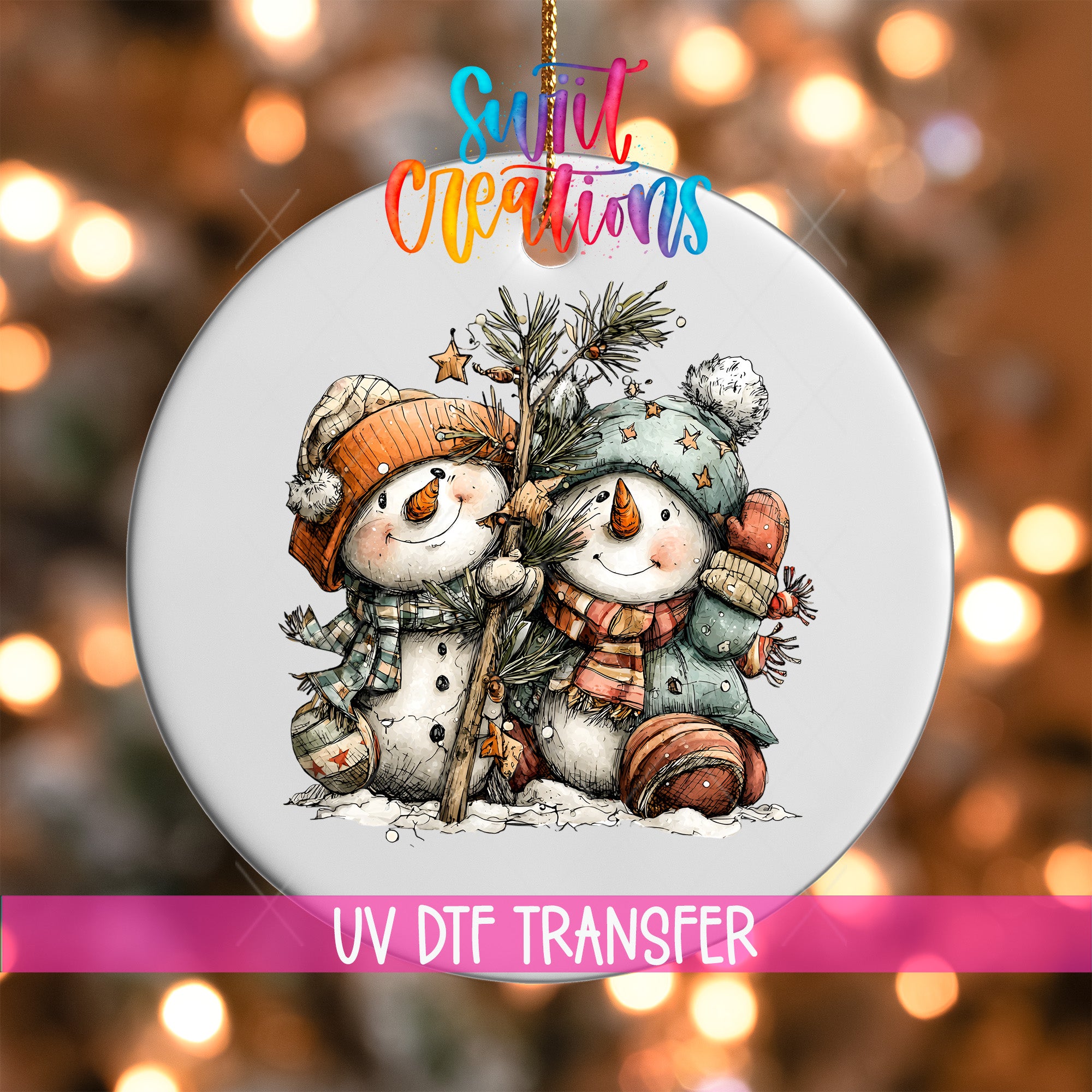 A snowman ornament with two snowmen, one wearing a red hat and the other wearing a blue hat, is displayed against a blurred background with Christmas lights.