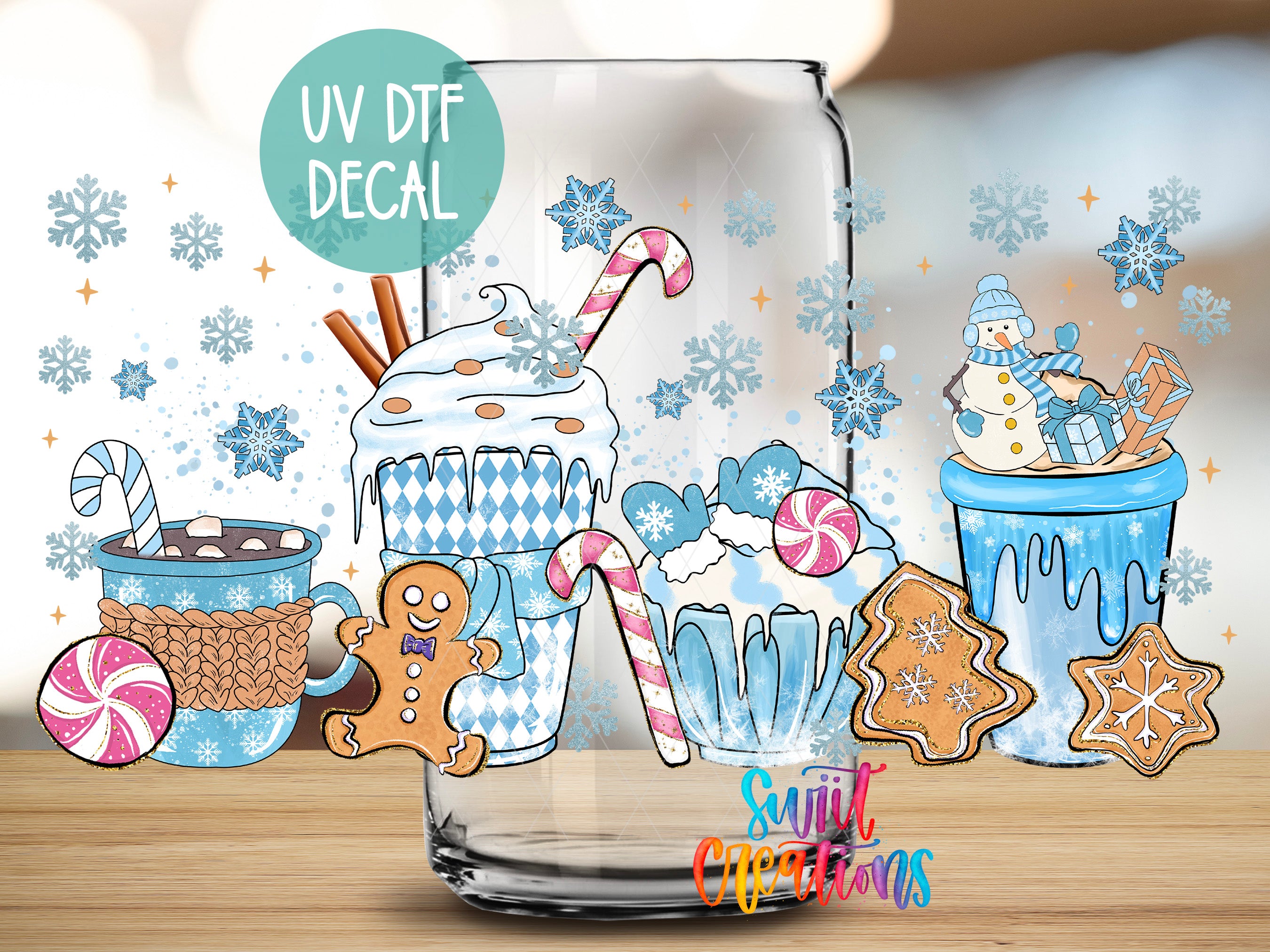 A glass decal featuring various winter-themed items such as a snowman, hot chocolate, marshmallows, and gingerbread cookies, along with the text "UV Dtf DECAL" and "Sunlit Occasions".