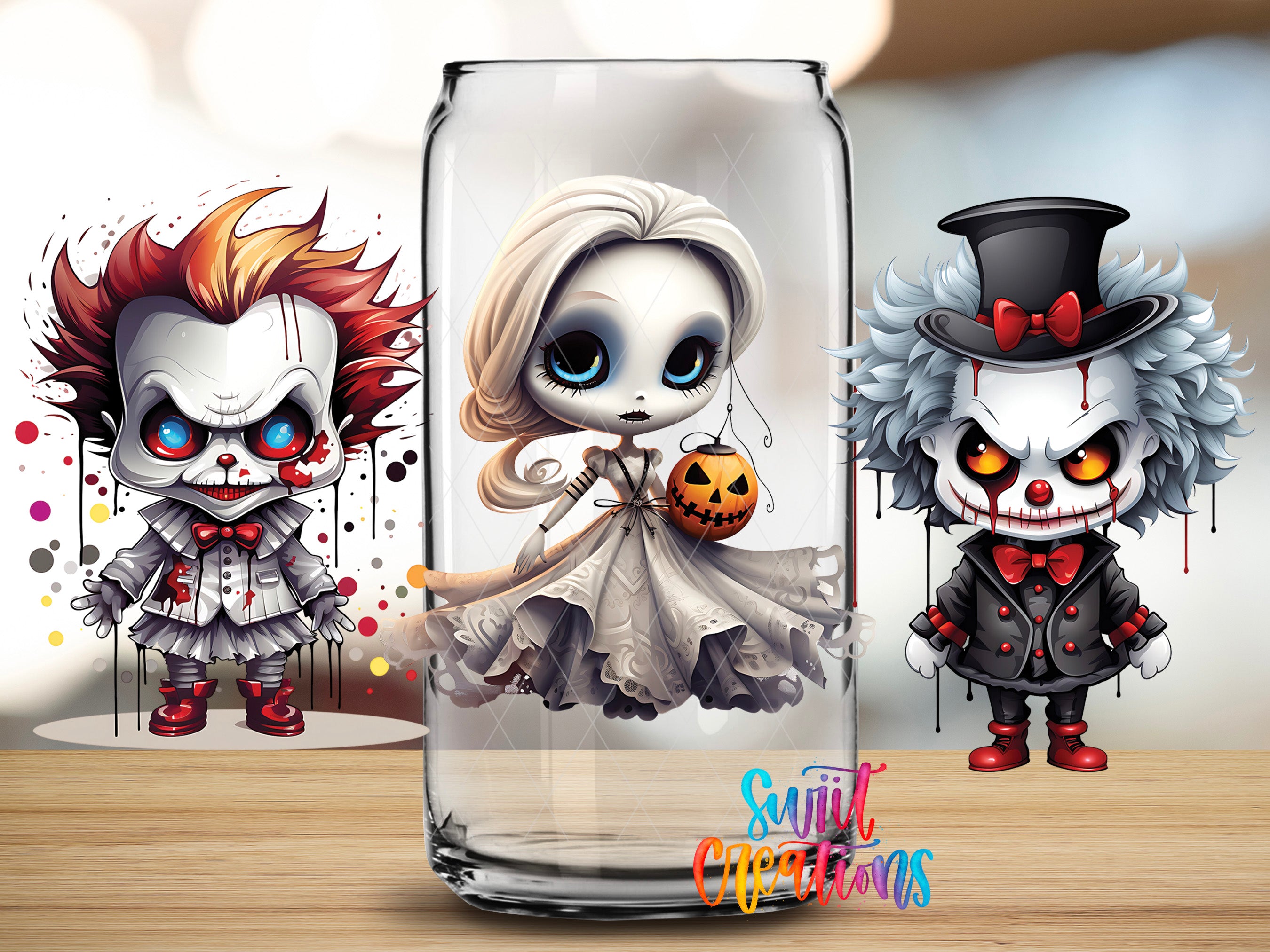 A glass jar containing three cartoon-style characters, including a skeleton, a ghost, and a clown, with a Halloween-themed background.