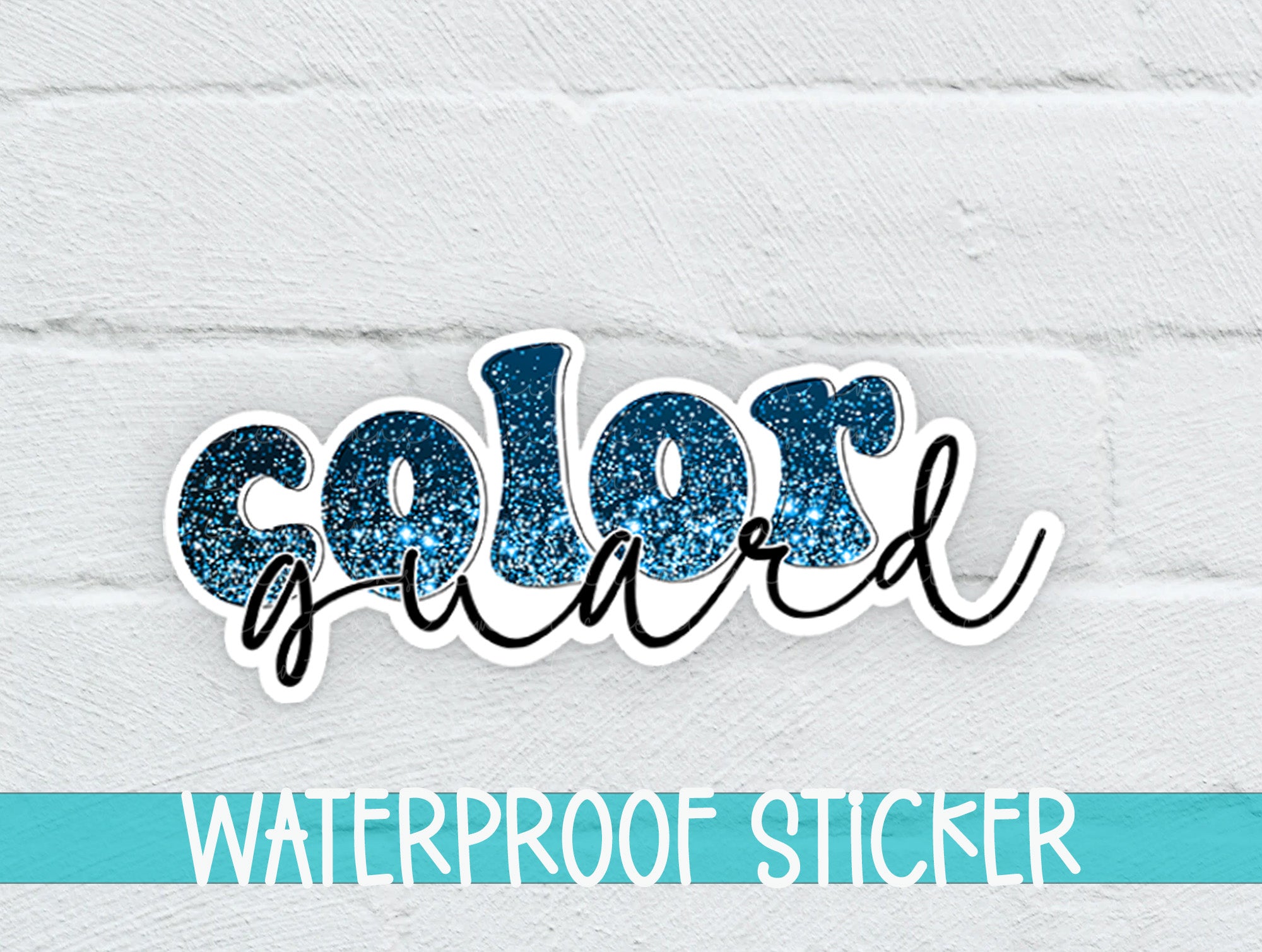 a white brick wall with a blue and black sticker on it