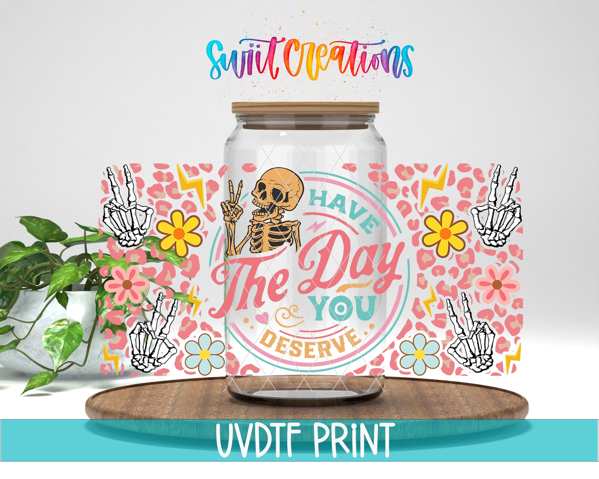 a glass jar with a skeleton and floral design, surrounded by a colorful and whimsical background with text and illustrations.