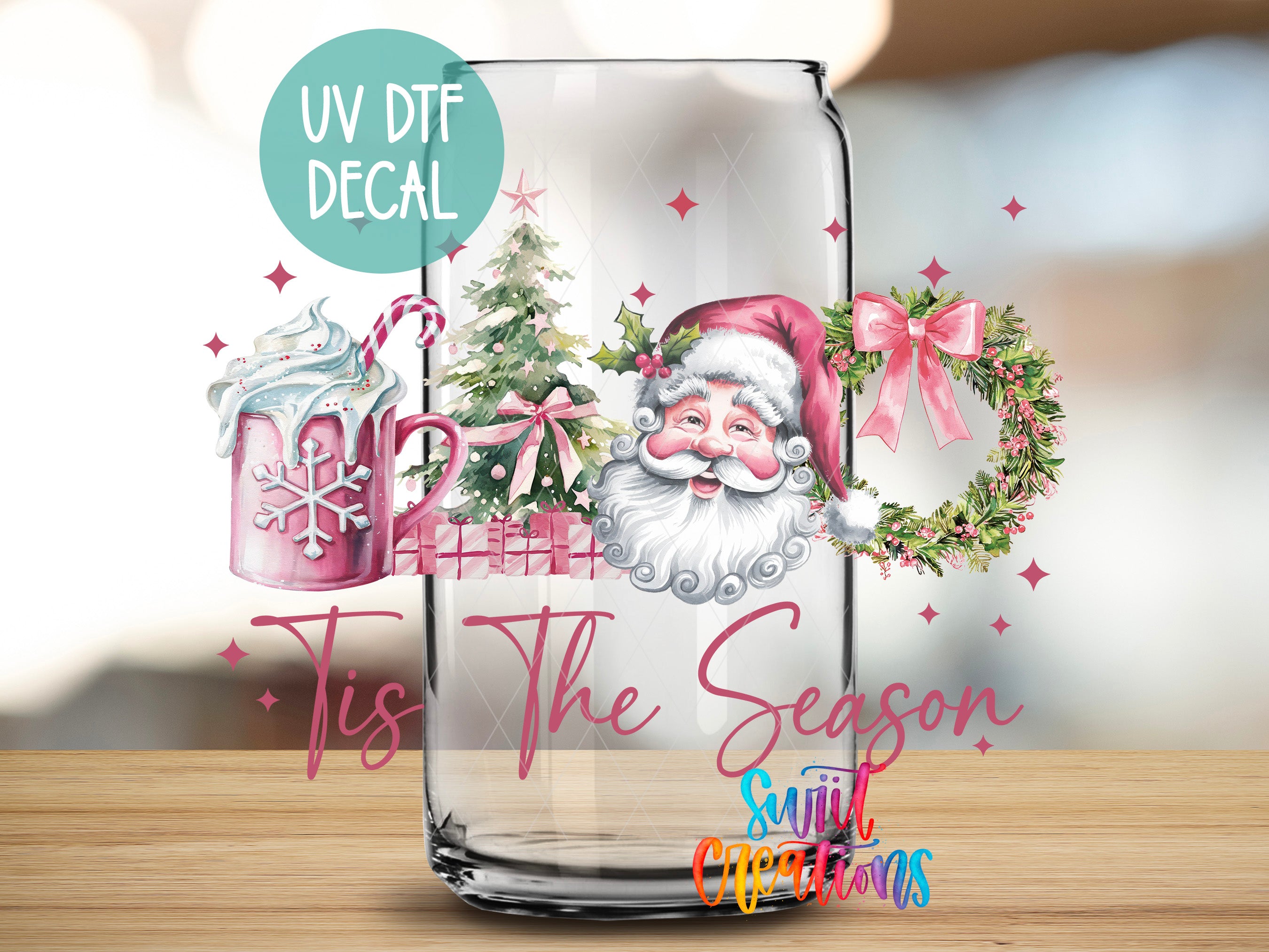 a glass with a santa clause on it