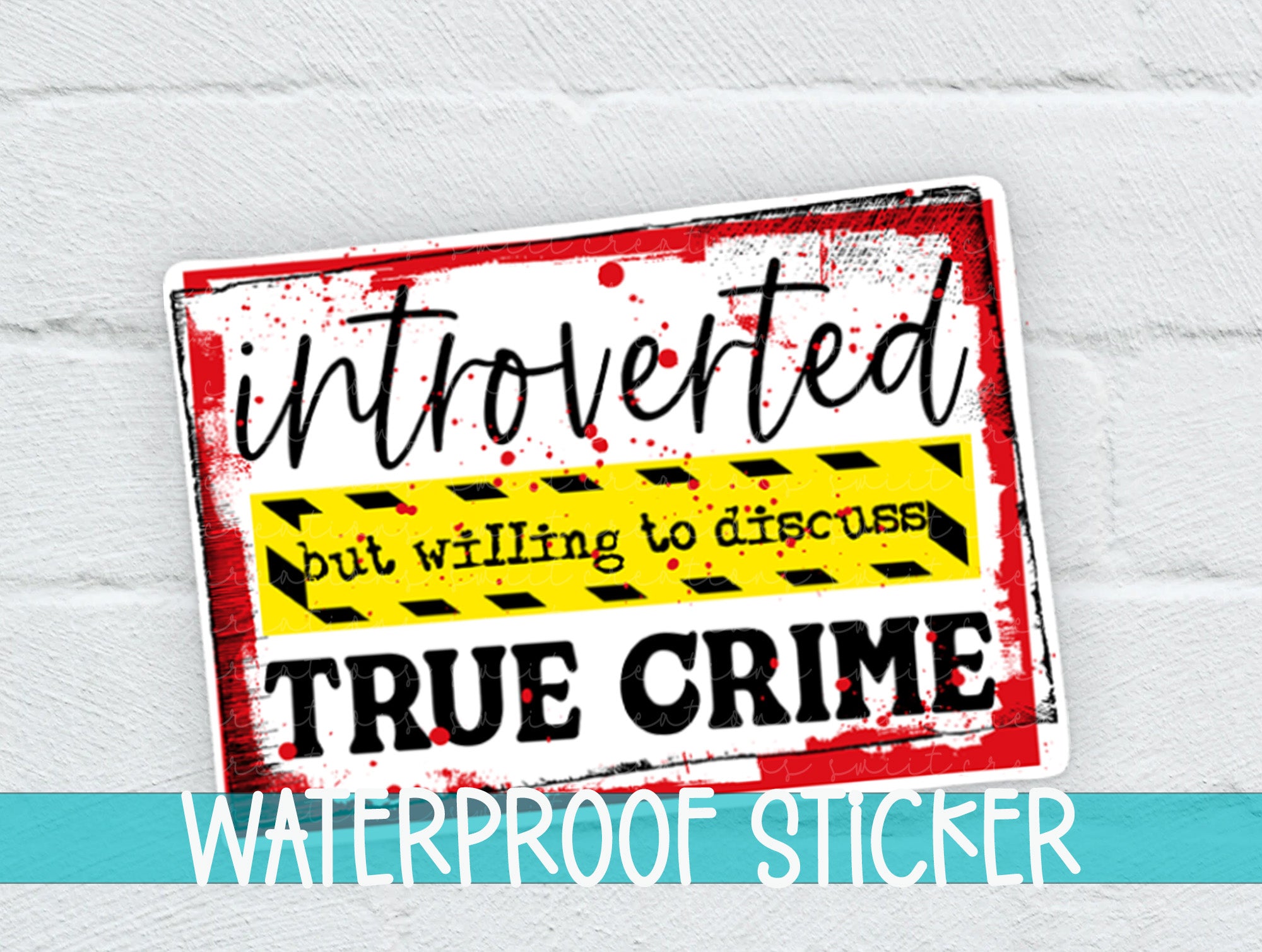 a white brick wall with a red and yellow sign on it