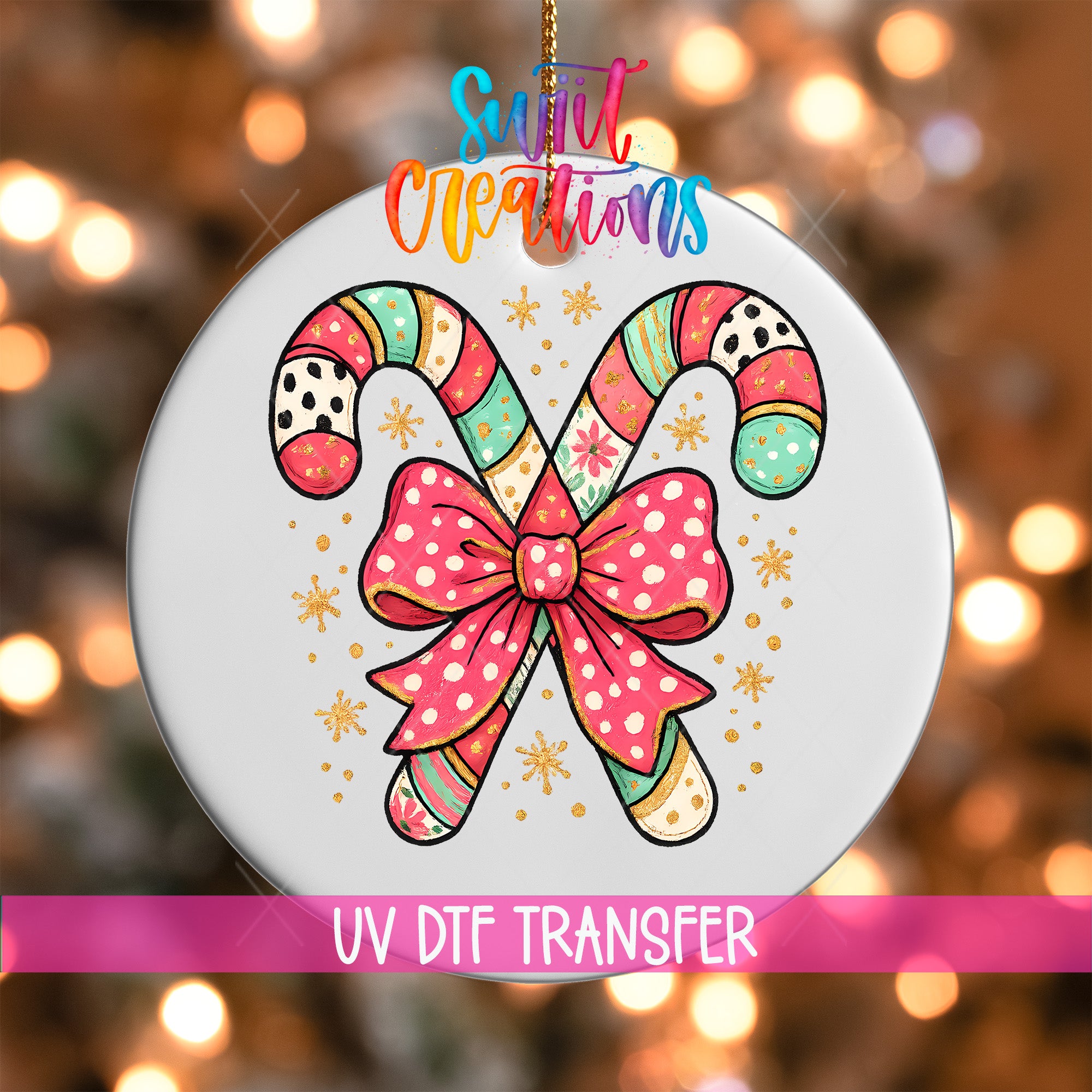A decorative ornament featuring two colorful candy canes with a pink bow, surrounded by snowflakes and a rainbow-colored background.