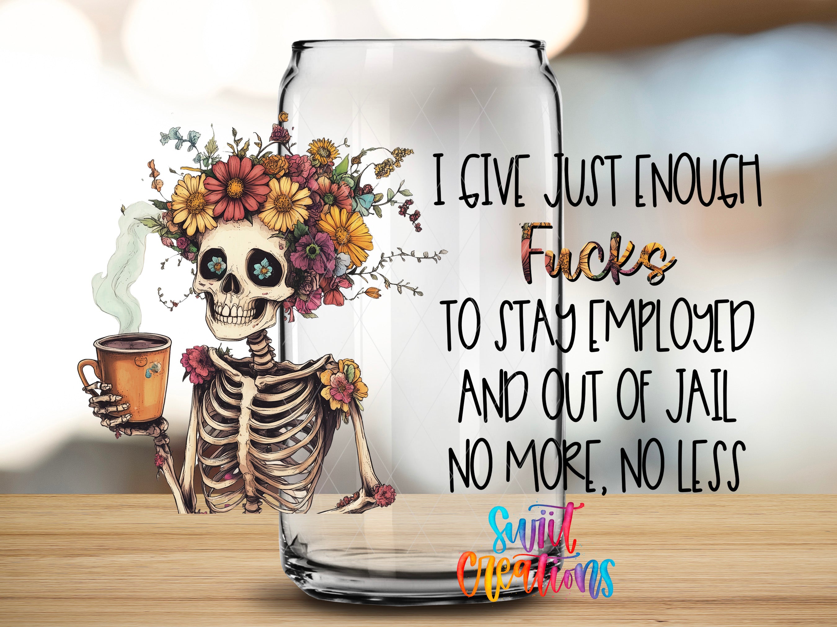 a skeleton holding a cup of coffee and a floral headpiece, with text overlaid on the image.