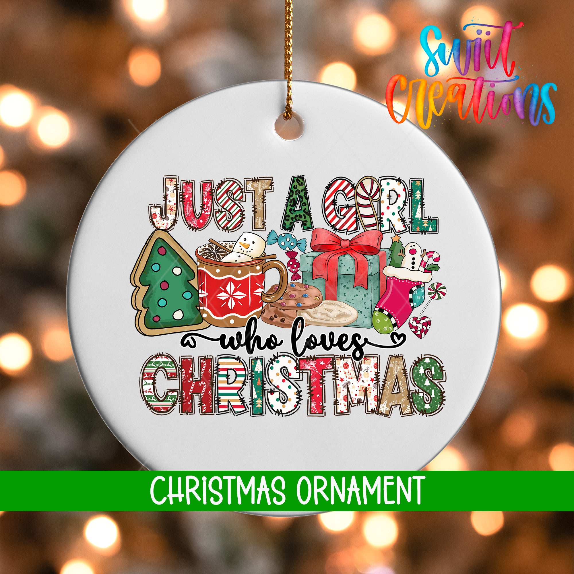 A white Christmas ornament with the text "Just a girl who loves Christmas" and various Christmas-themed items such as a snowman, presents, and a Christmas tree.