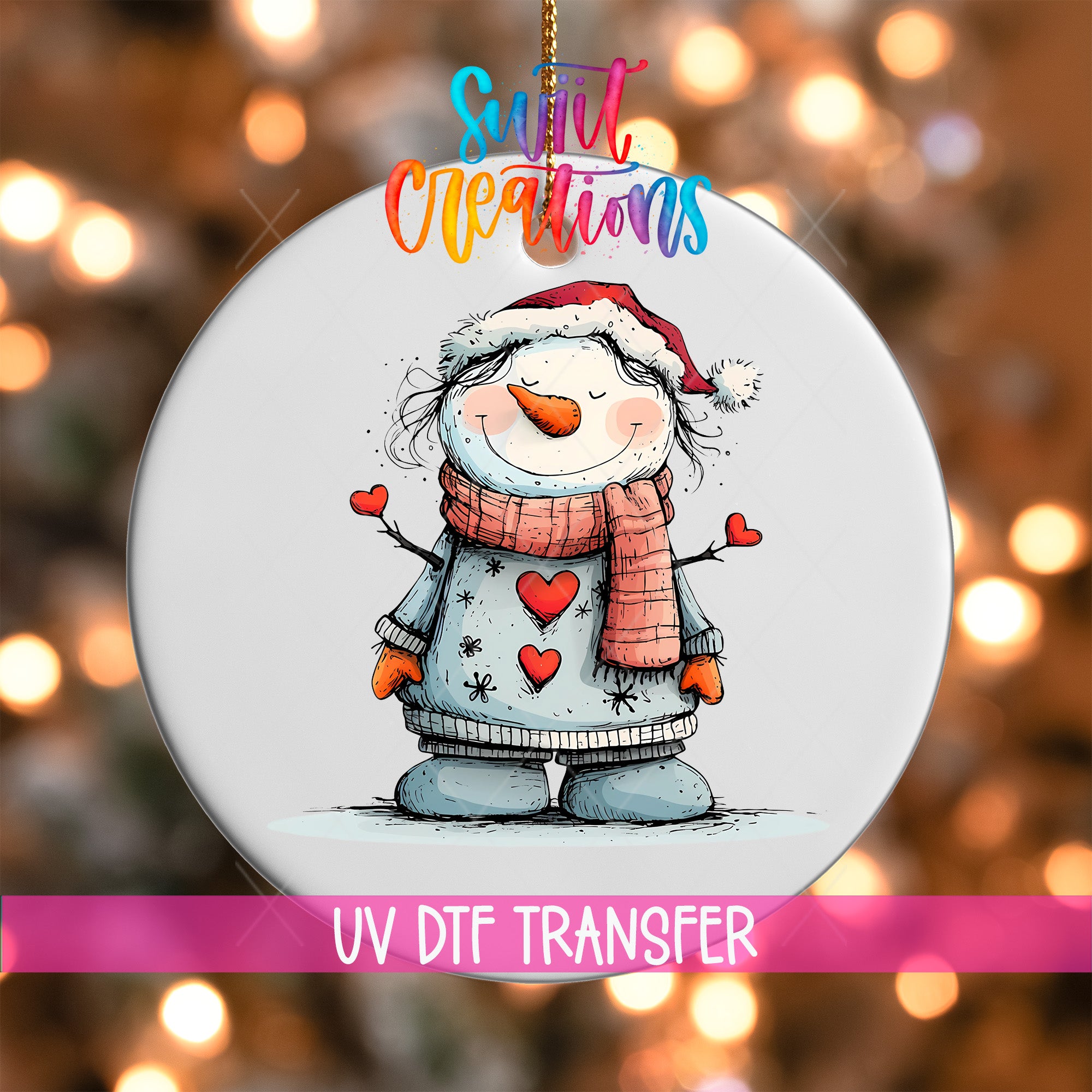 A snowman ornament with a scarf and heart-shaped buttons, set against a background of colorful lights.