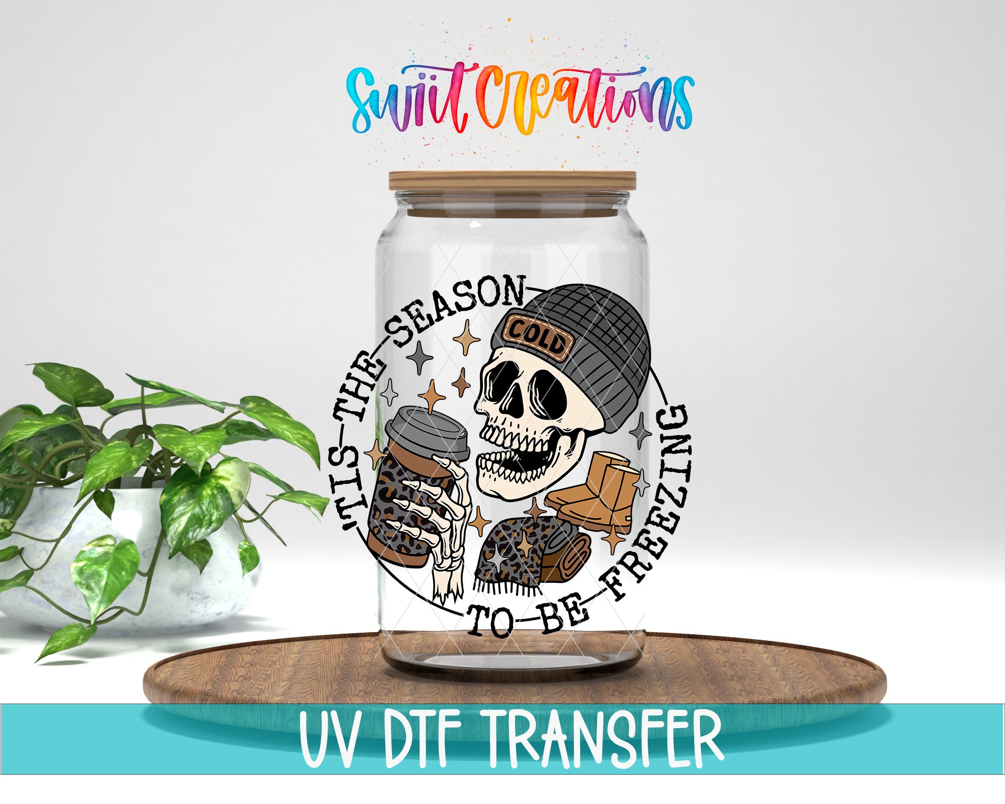 a glass jar with a skull wearing a hat and holding a coffee mug, surrounded by text and illustrations.