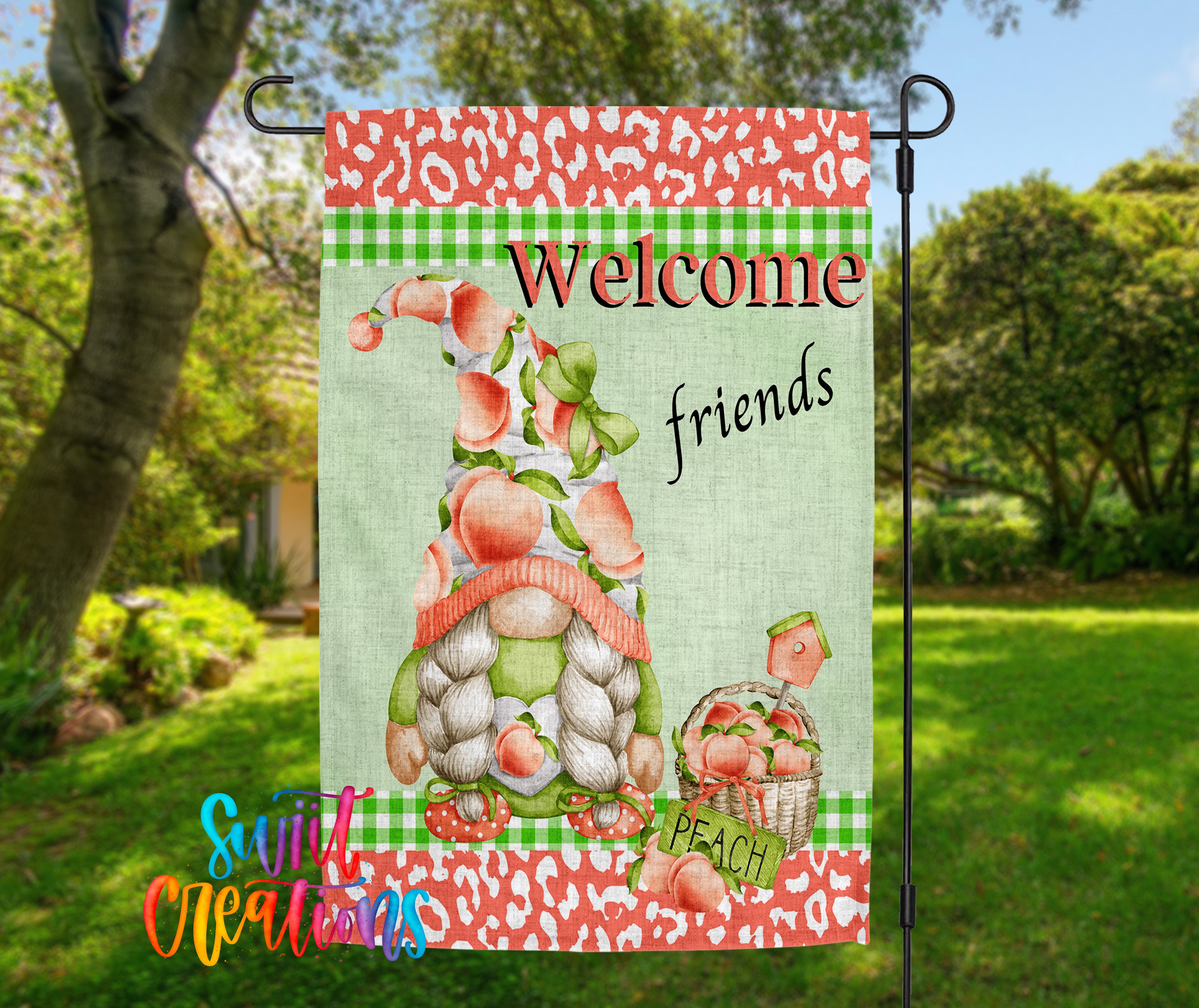 A colorful garden sign featuring a gnome holding a basket of peaches, with the text "Welcome friends" and "Peach" displayed.