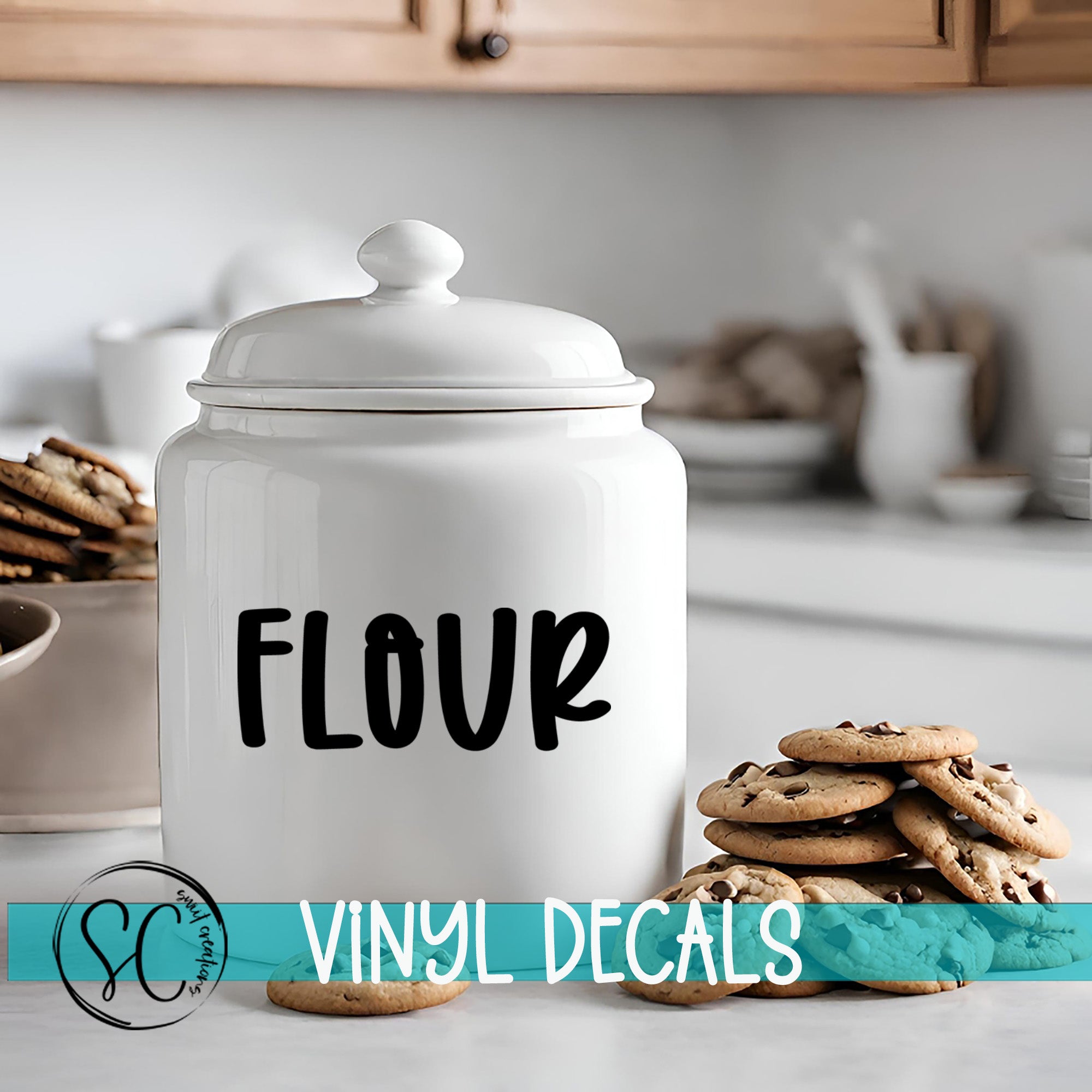 A white ceramic jar labeled "FLOUR" sits on a kitchen counter, surrounded by stacks of chocolate chip cookies.