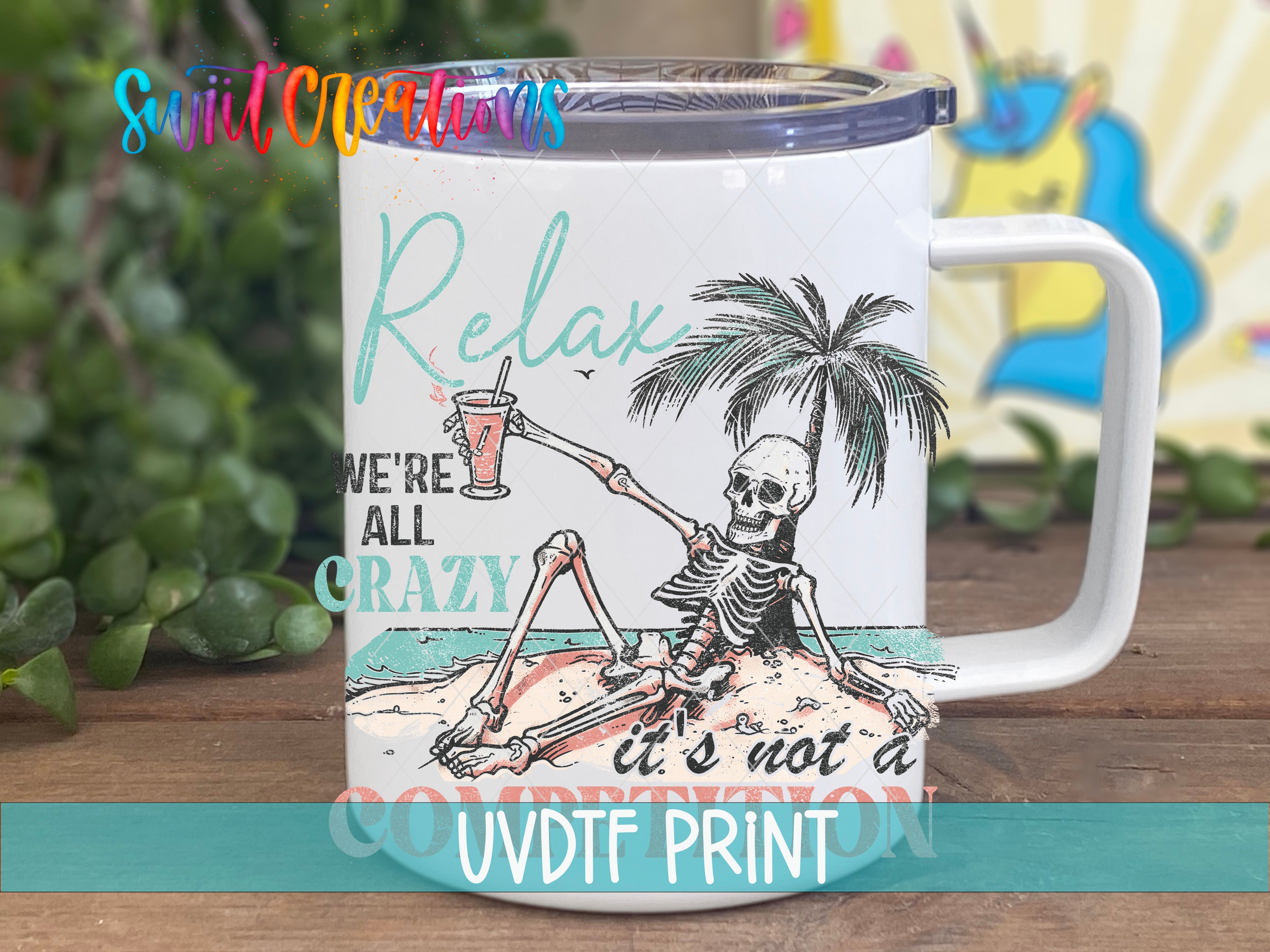A white mug with a printed design featuring a skeleton holding a drink and sitting on a beach.