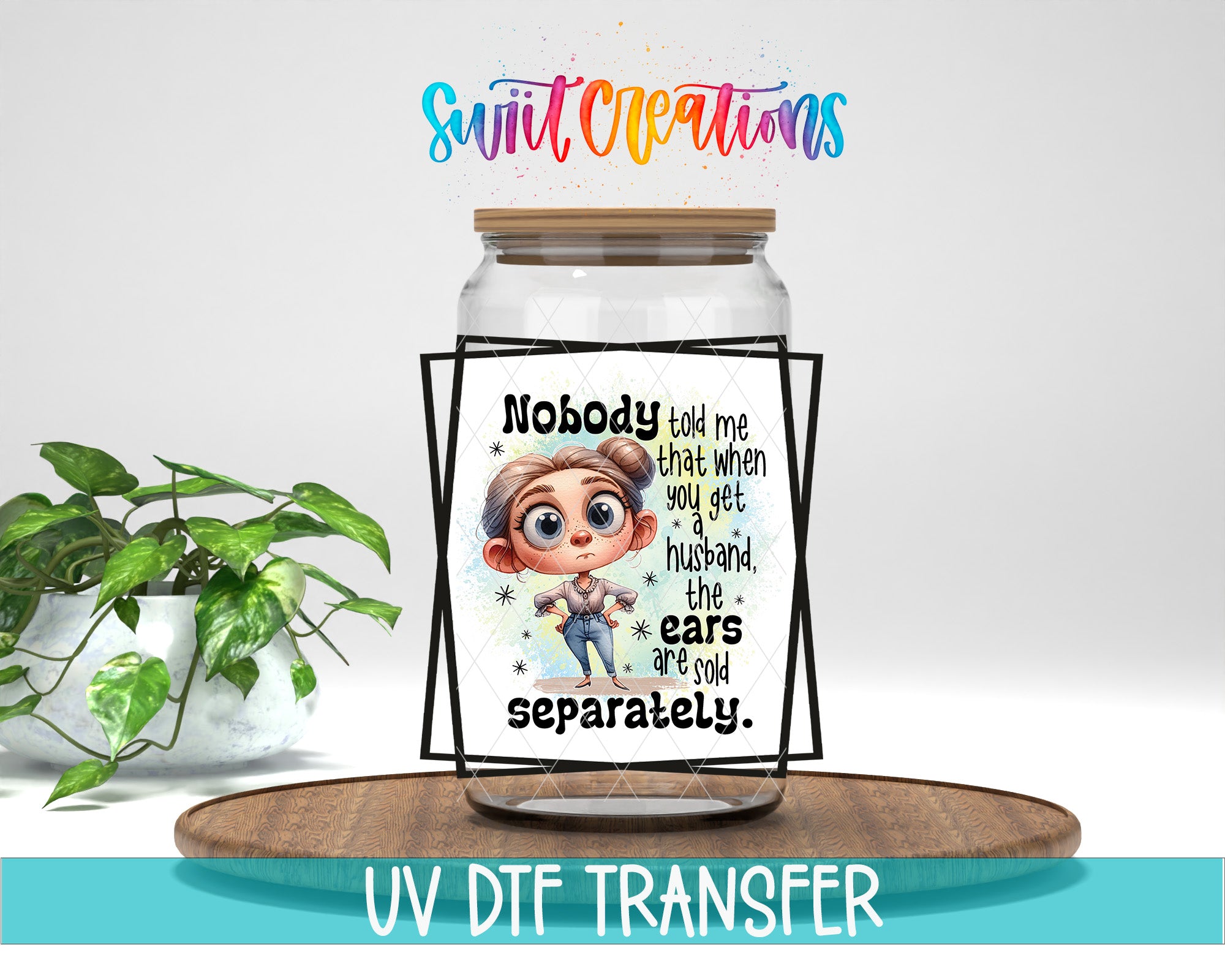 a glass jar with a cartoon character on it, placed on a wooden surface. The jar has a lid and a label with text on it. There is also a plant in the background.