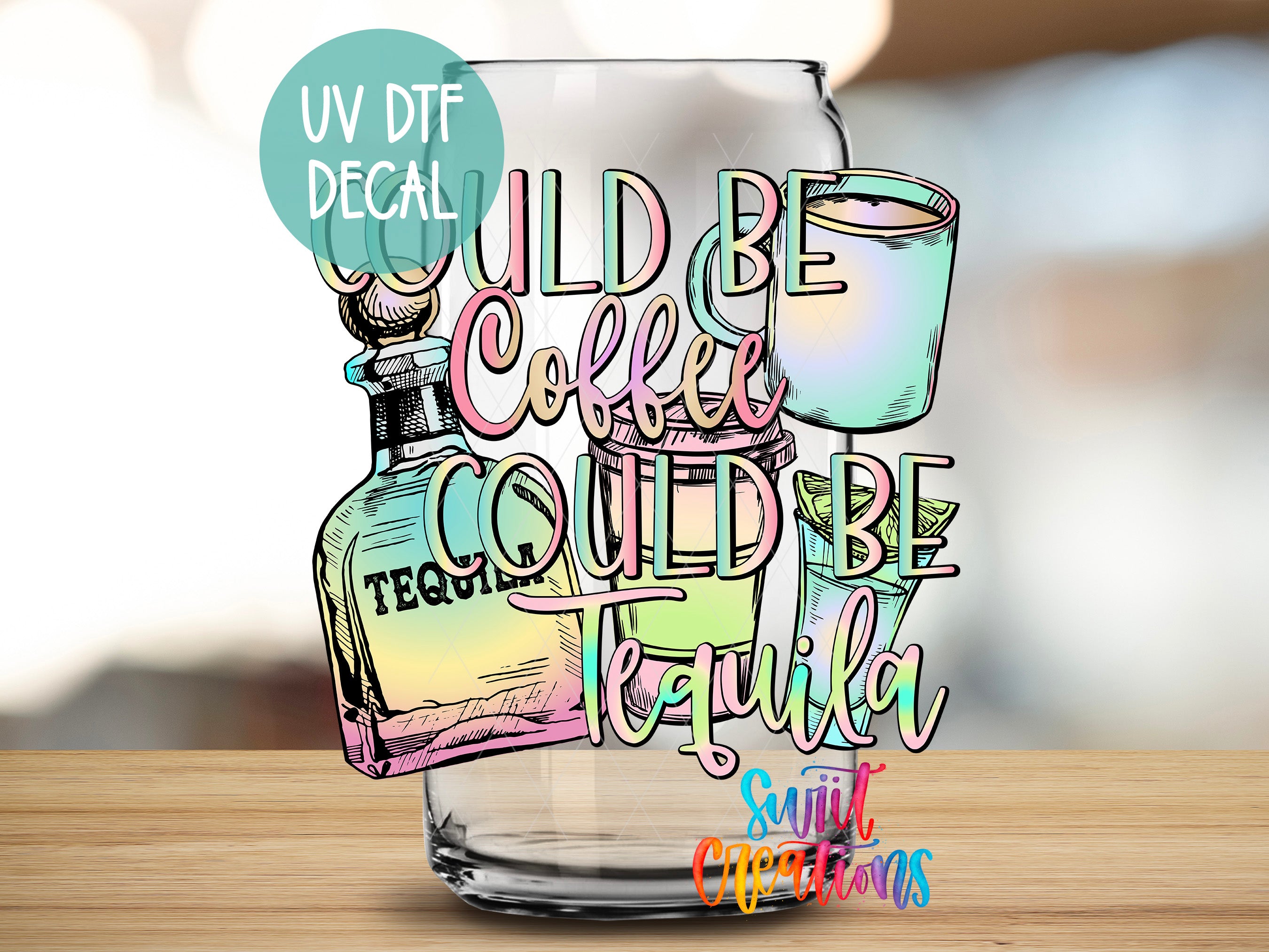 a glass with a bottle of liquid on it