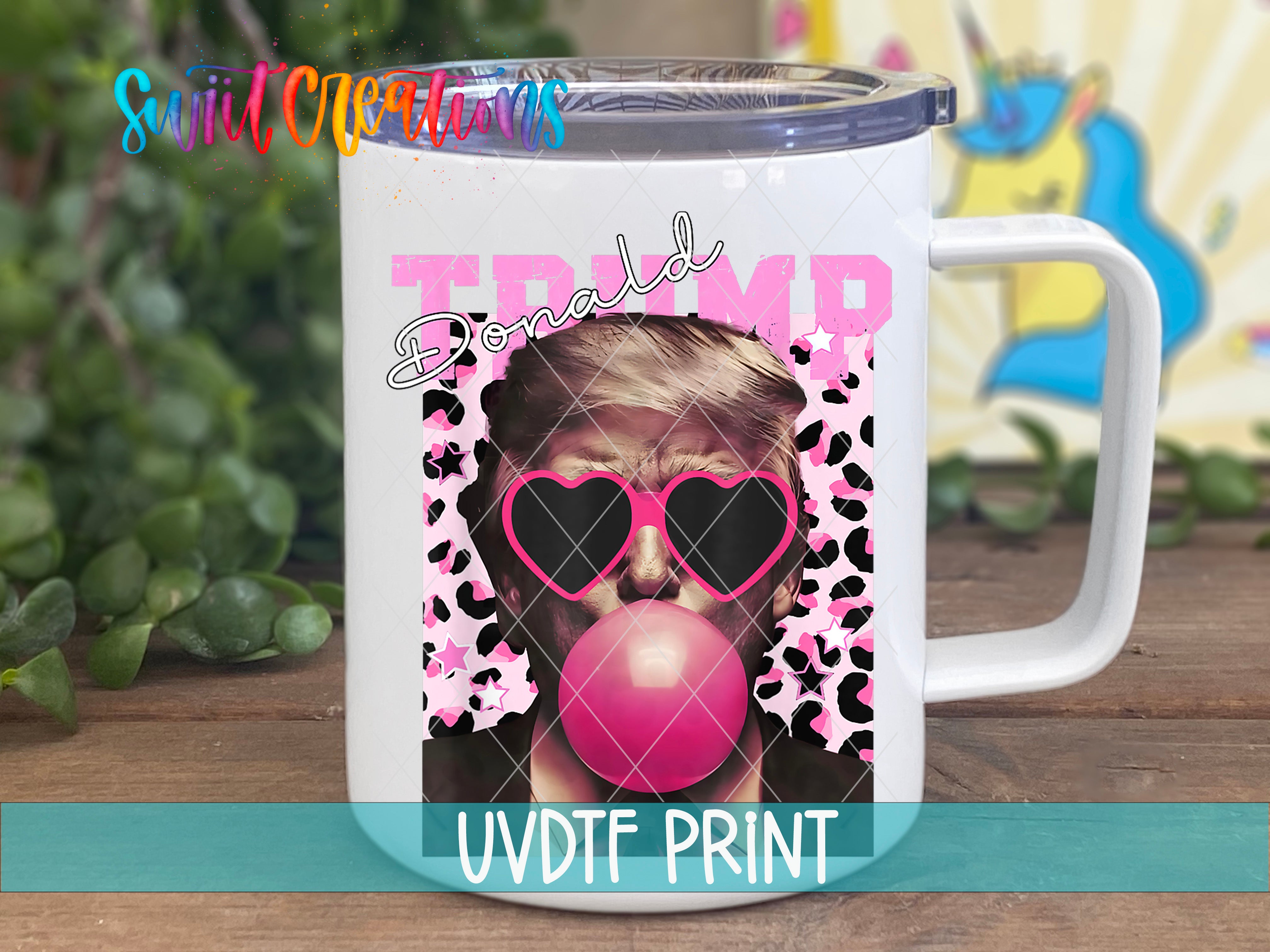 A white mug with a printed design featuring a woman wearing sunglasses and a bubble gum bubble.