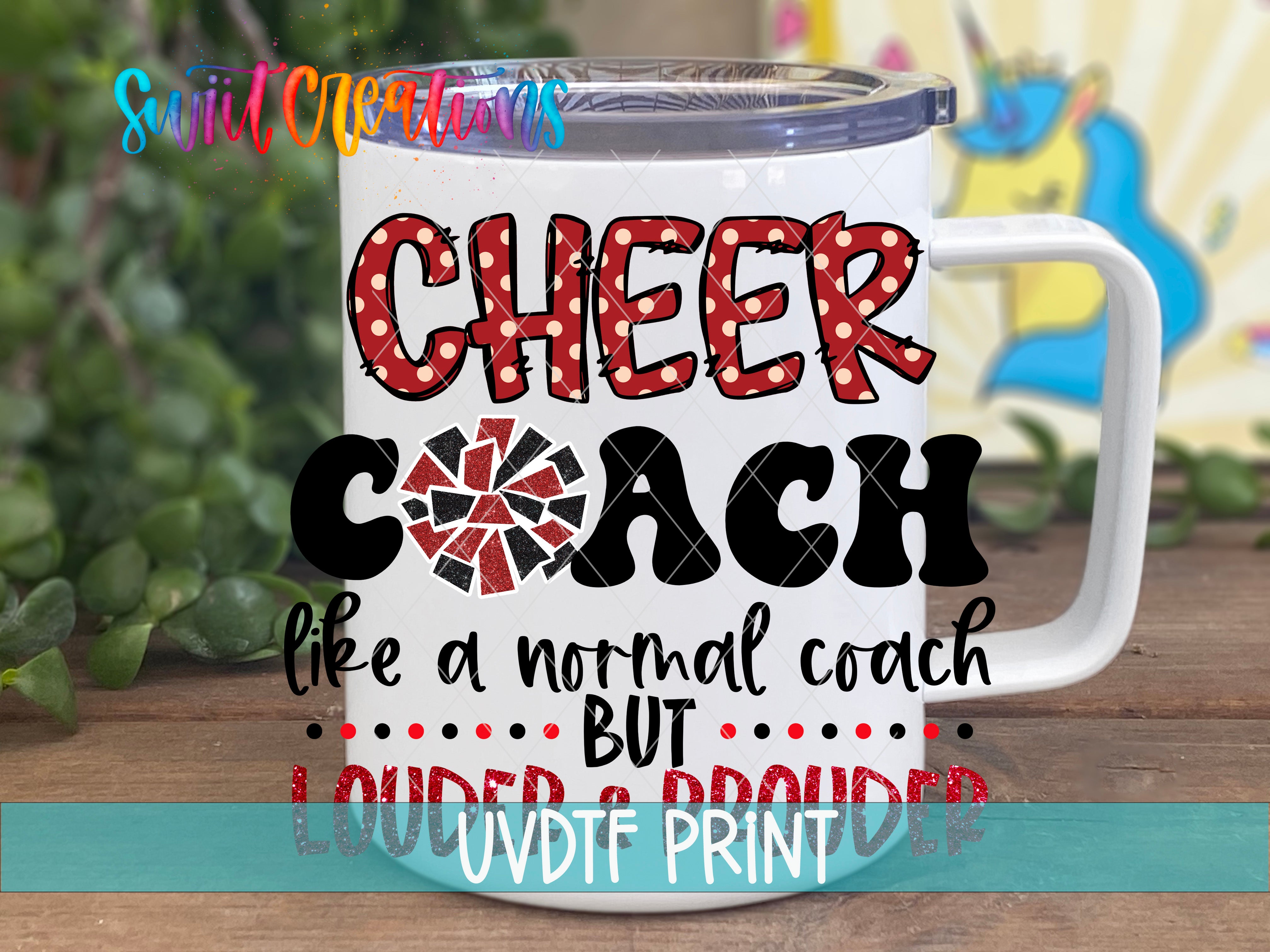 A white mug with text and graphics printed on it, placed on a wooden surface.