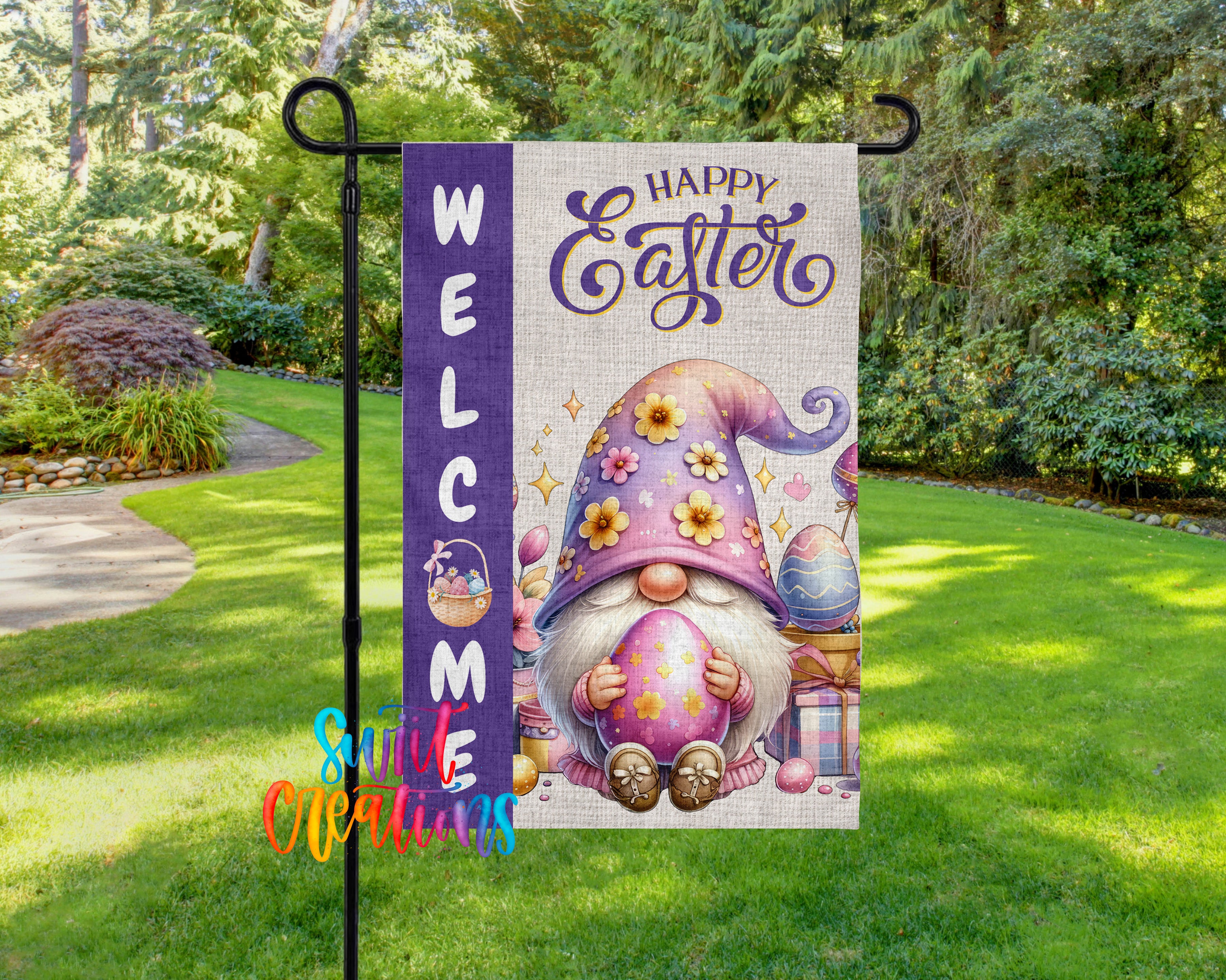 A colorful banner featuring a whimsical illustration of a gnome holding a basket of eggs, surrounded by flowers and other Easter-themed elements, set against a lush green lawn and trees.