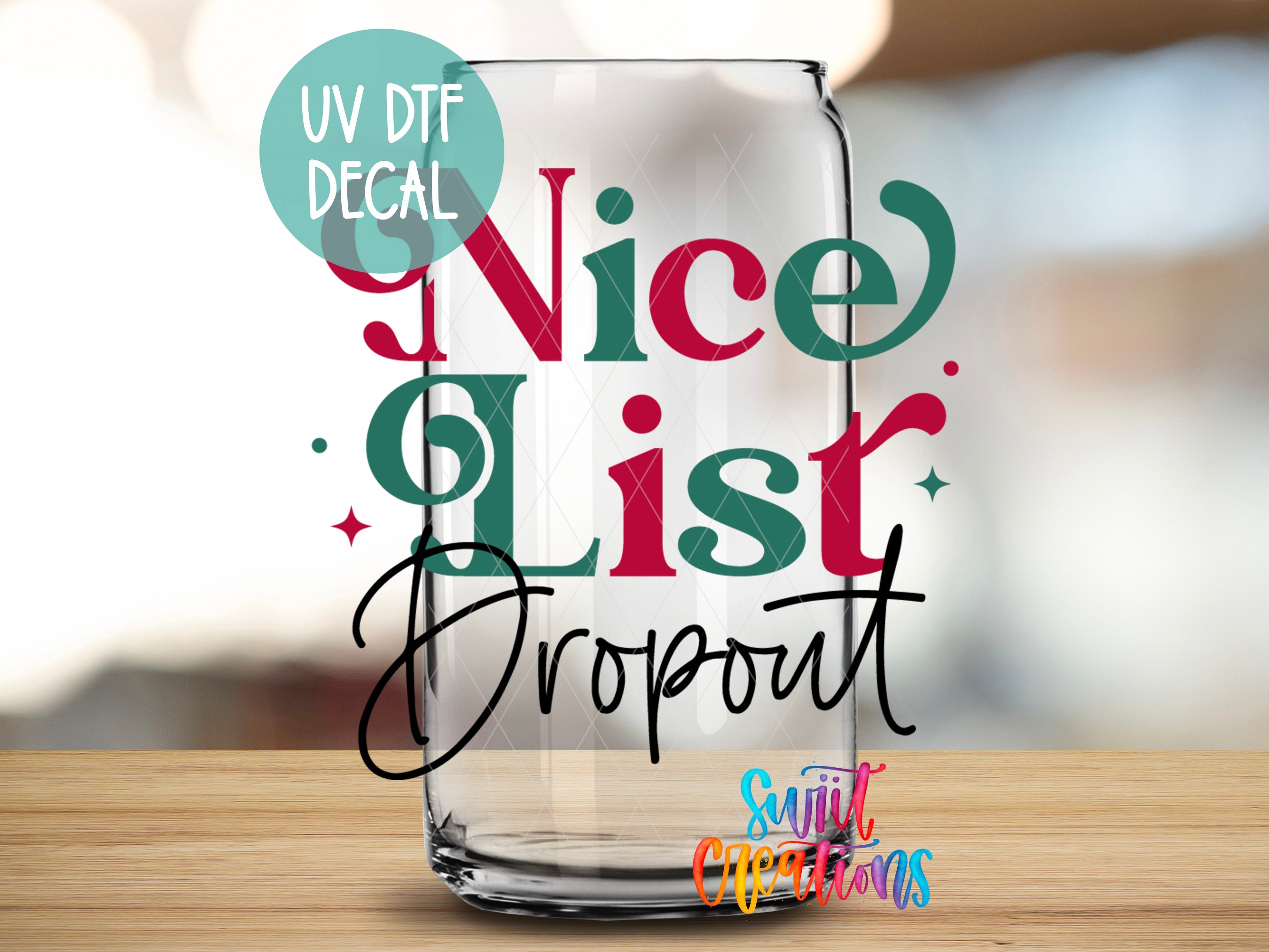 a glass with the words nice list written on it