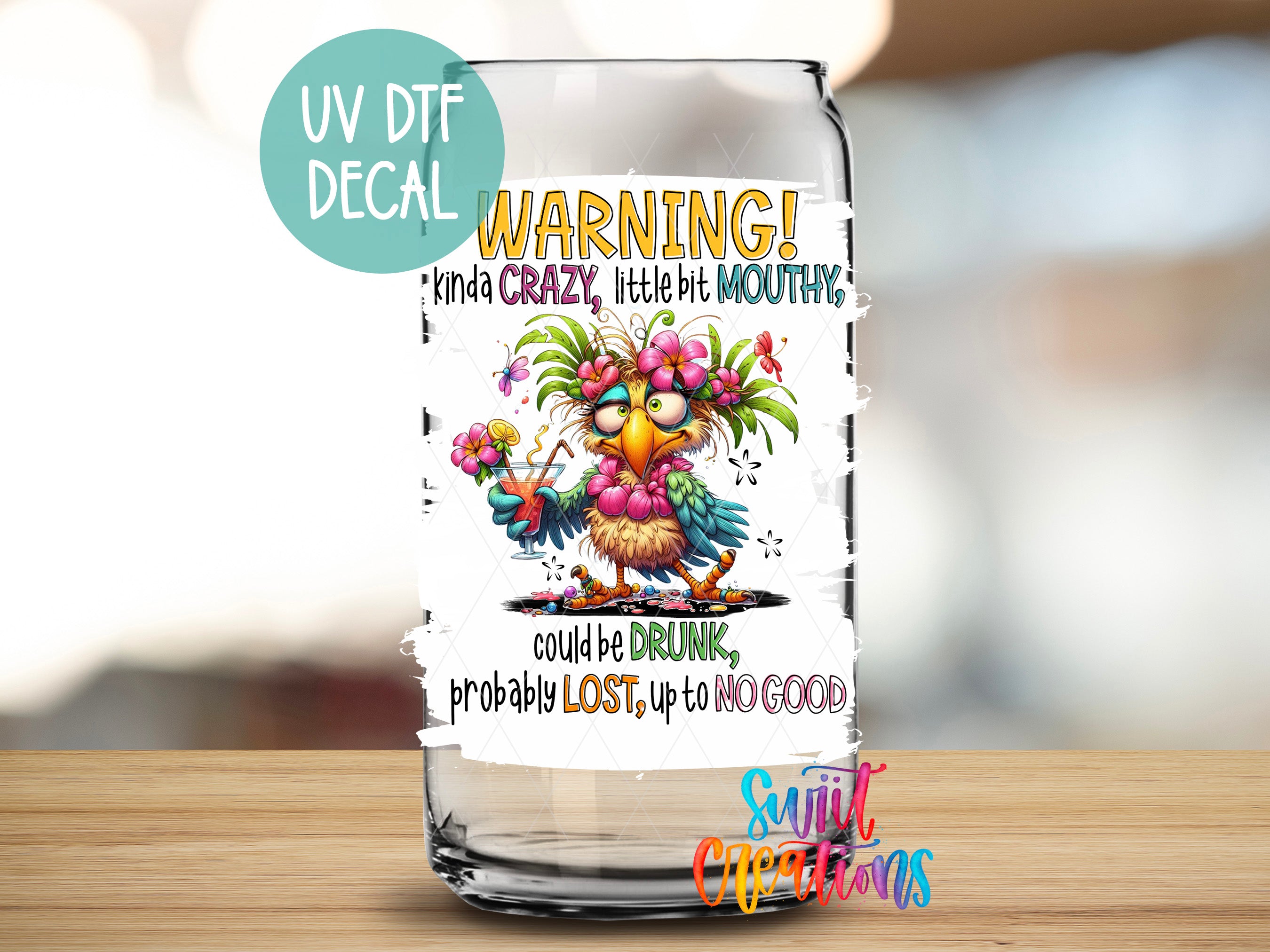 a colorful, cartoonish bird character with a warning label on a glass jar or container.