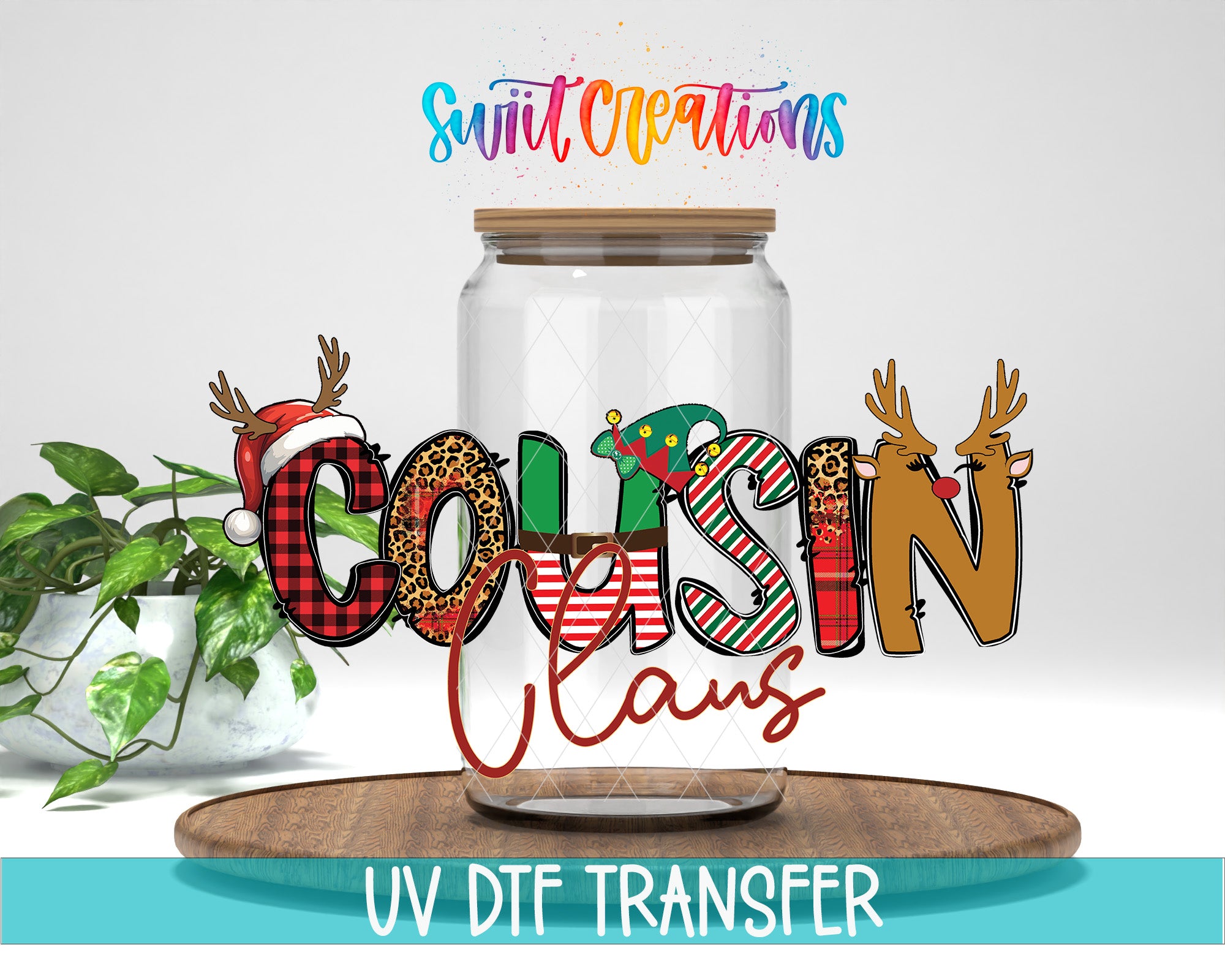 A glass jar with the word "Cousin" written on it, surrounded by various colorful and festive elements such as reindeer, snowflakes, and Christmas decorations.
