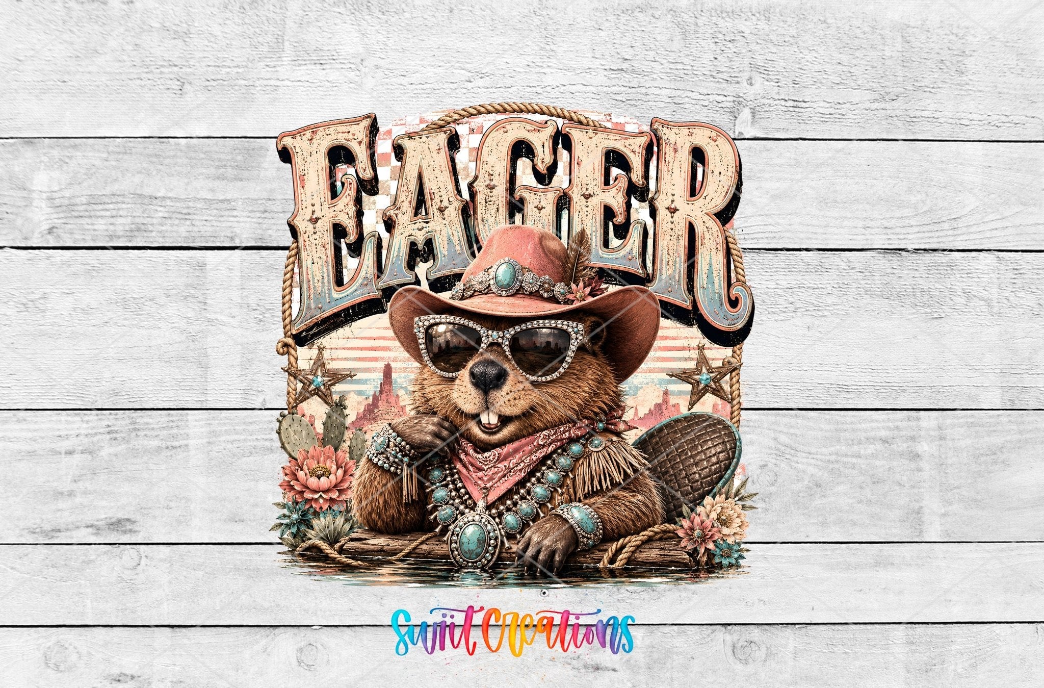 Eager Beaver Western Beaver UV DTF Transfer | Retro Cowboy Animal Drinkware Design | UV2087 - Swiit Creations