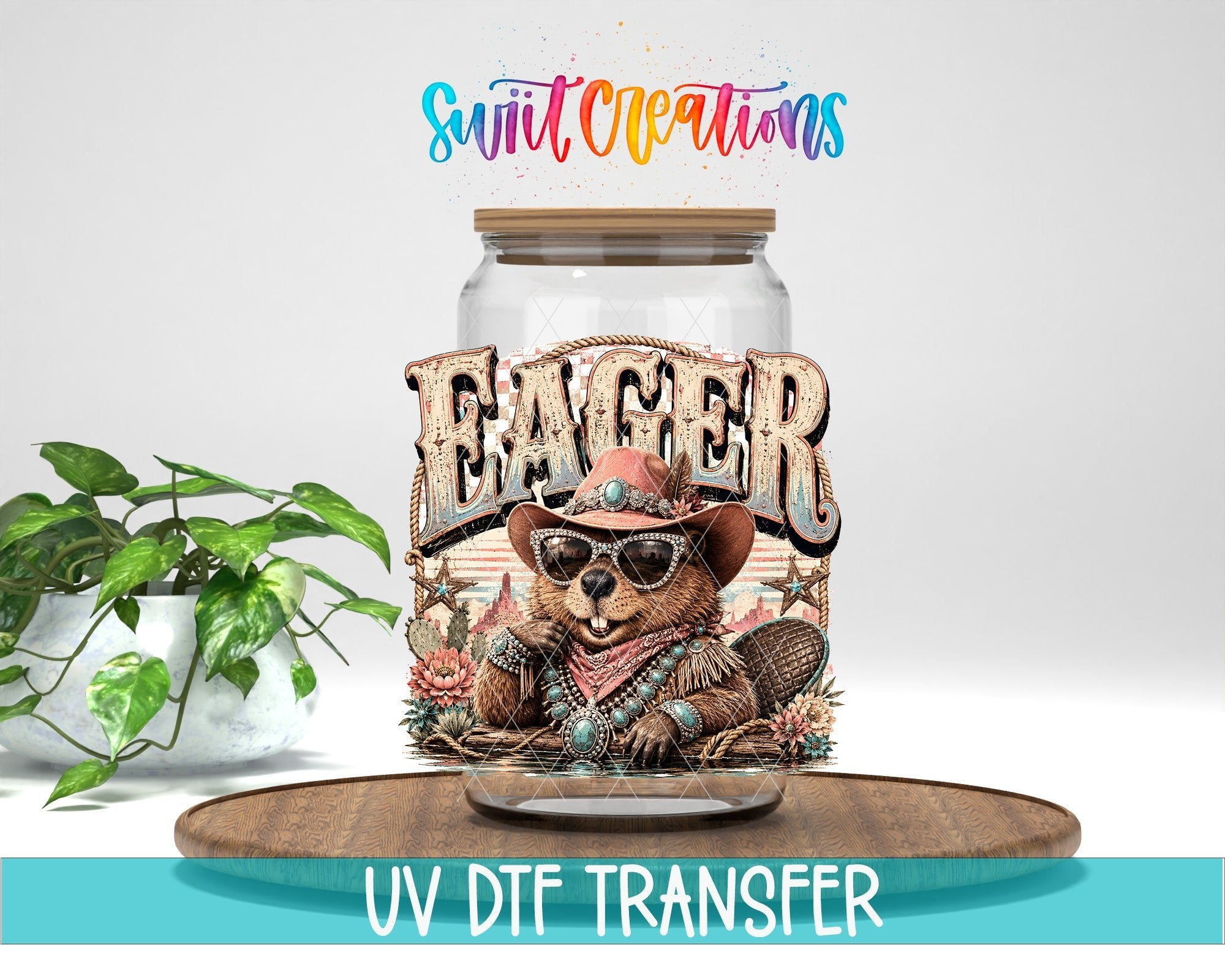 Eager Beaver Western Beaver UV DTF Transfer | Retro Cowboy Animal Drinkware Design | UV2087 - Swiit Creations