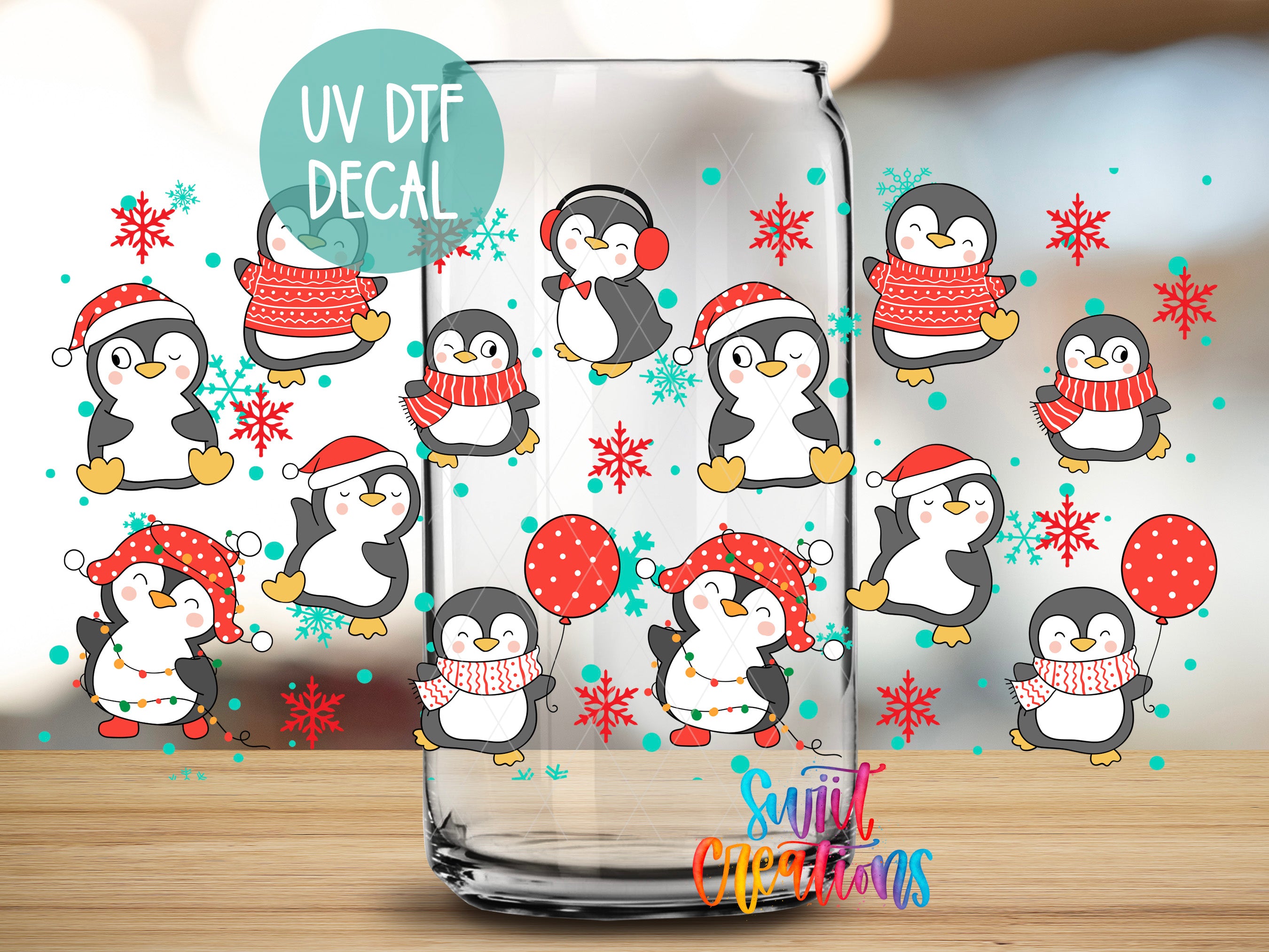 A glass jar with a pattern of cartoon penguins wearing red hats and scarves, along with snowflakes and balloons, creating a festive and whimsical design.