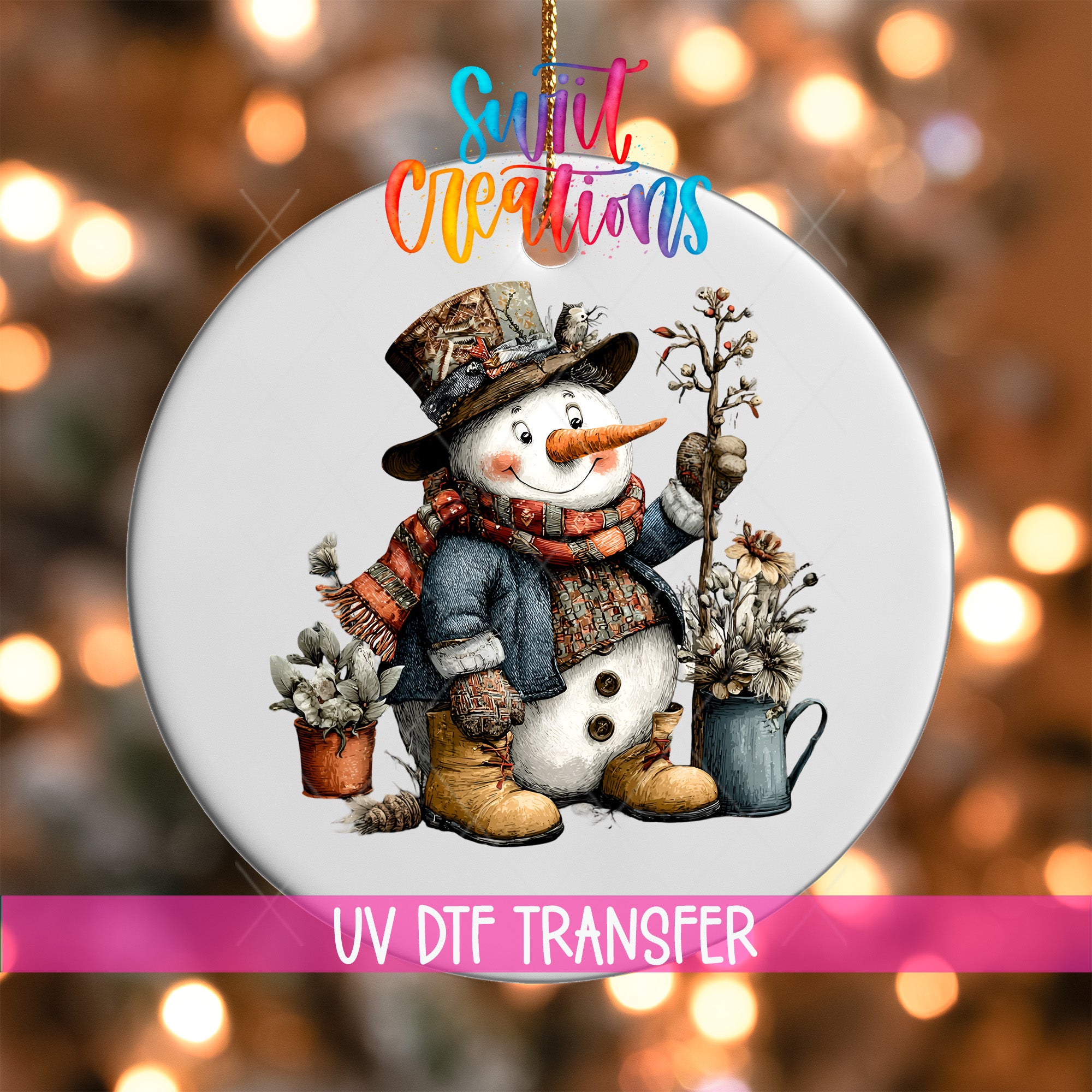 A snowman ornament with a potted plant and flowers, along with the text "Sweet Creations" and "UV Dtf Transfer".