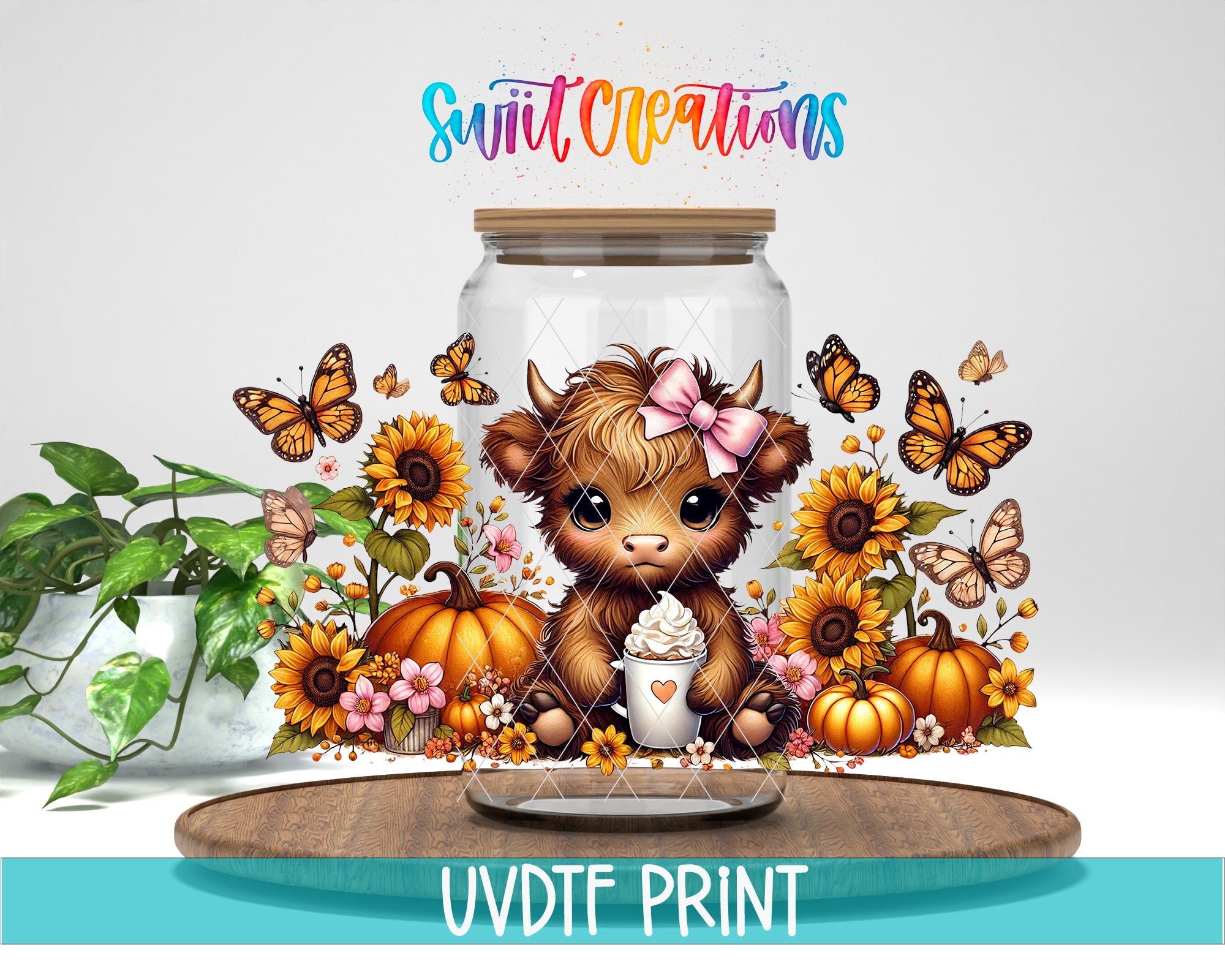 A cartoon cow with a pink bow sits inside a glass jar surrounded by autumn flowers, pumpkins, and butterflies.