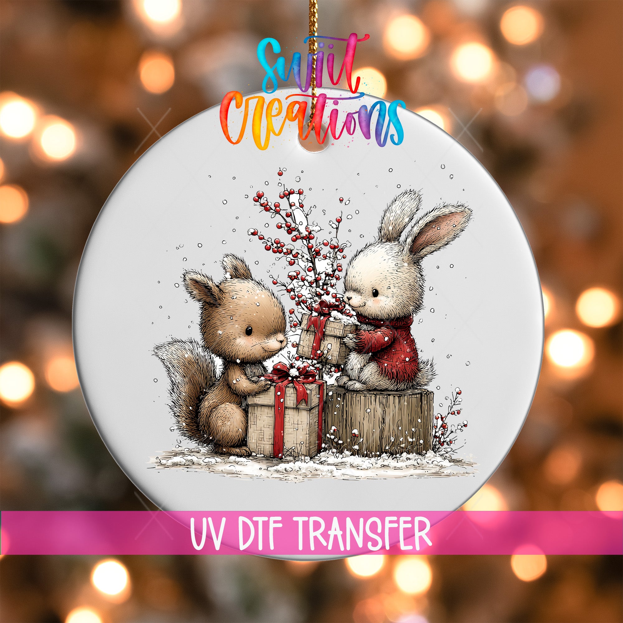 A decorative ornament featuring two cute cartoon animals, a rabbit and a squirrel, sitting together and holding presents. The background is a blurred image of Christmas lights, creating a festive atmosphere.