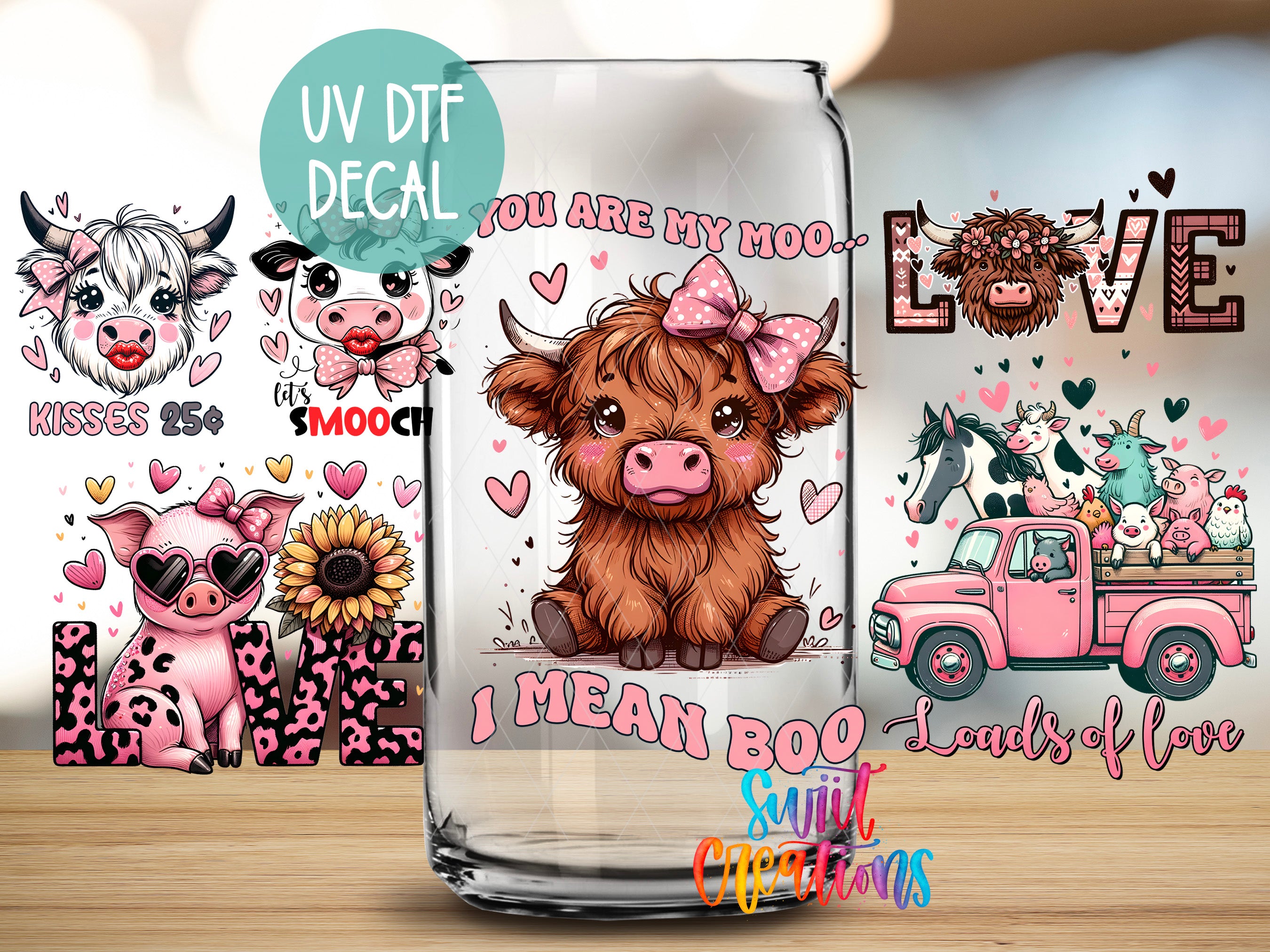 a glass jar with a cartoon cow on it, surrounded by various farm animals and farm-related elements.