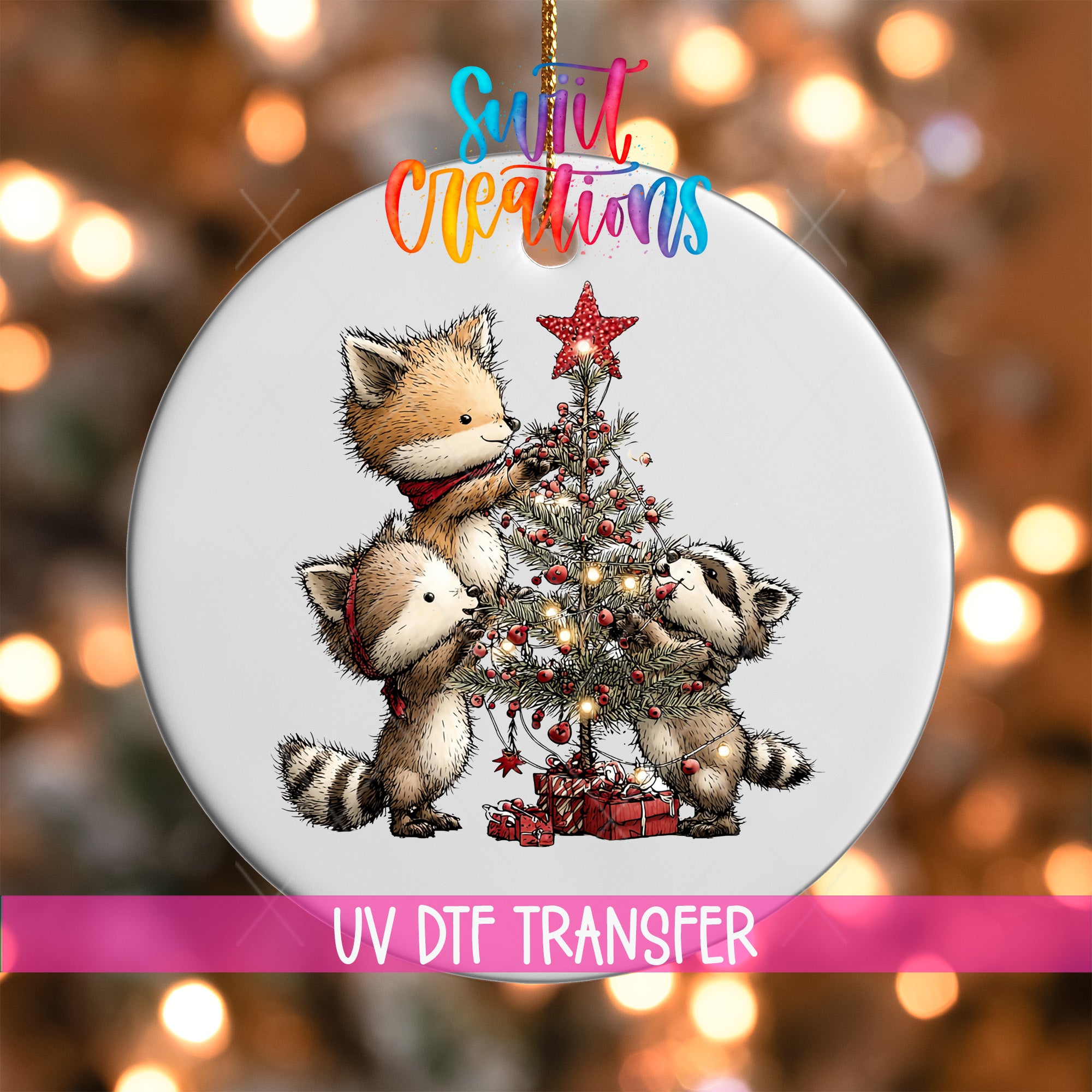 A Christmas ornament featuring three raccoons decorating a Christmas tree.