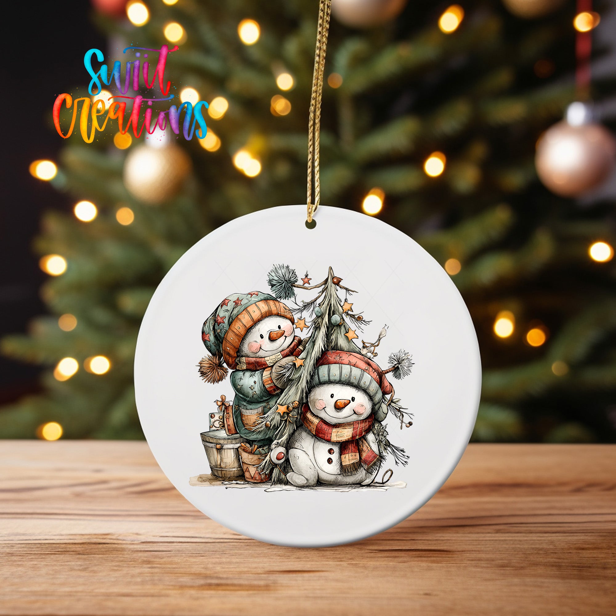 A white ceramic ornament featuring two snowmen sitting under a Christmas tree, with a blurred background of twinkling lights.