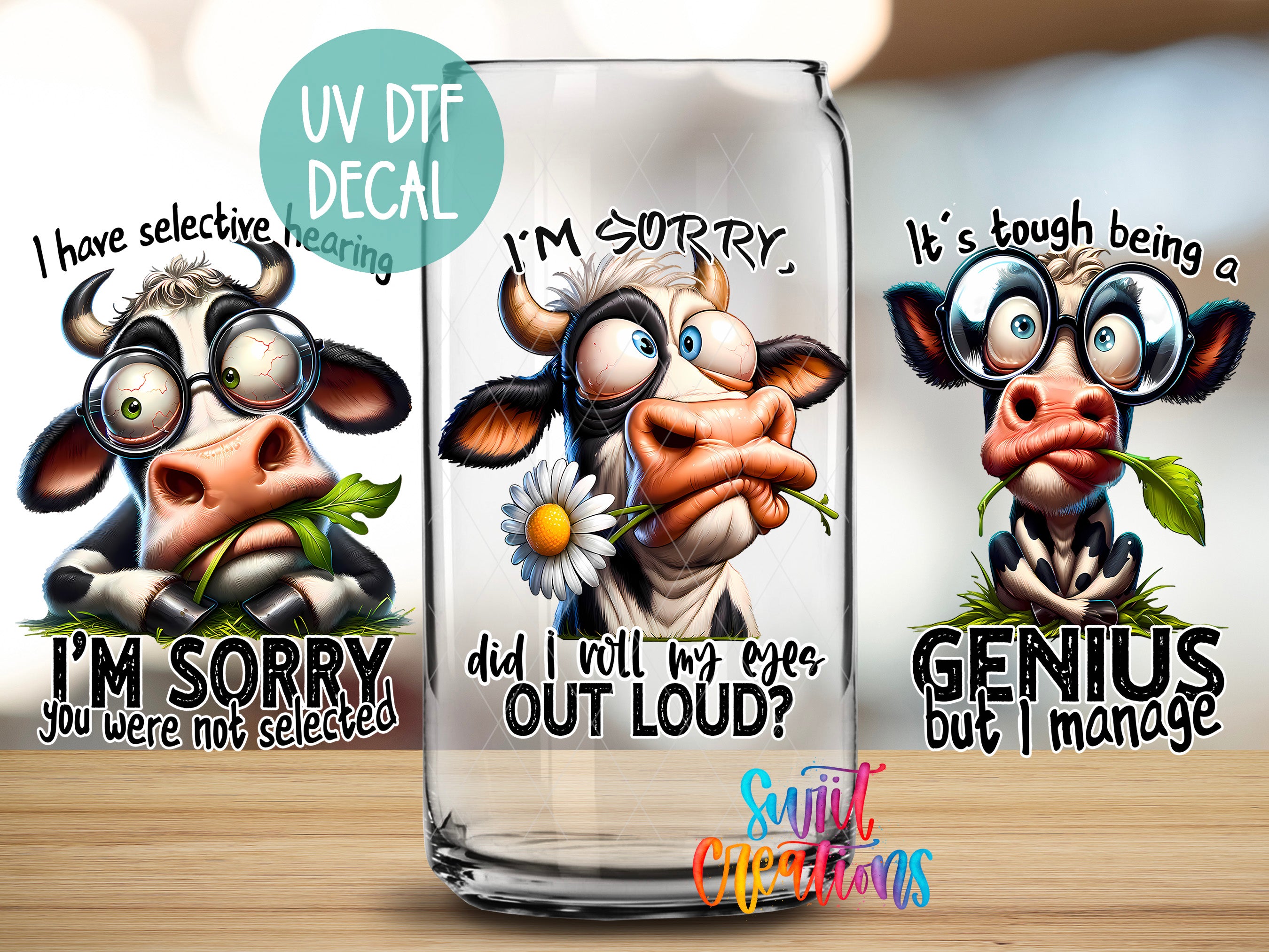 three cartoon cow decals on a glass jar, each with a humorous caption.