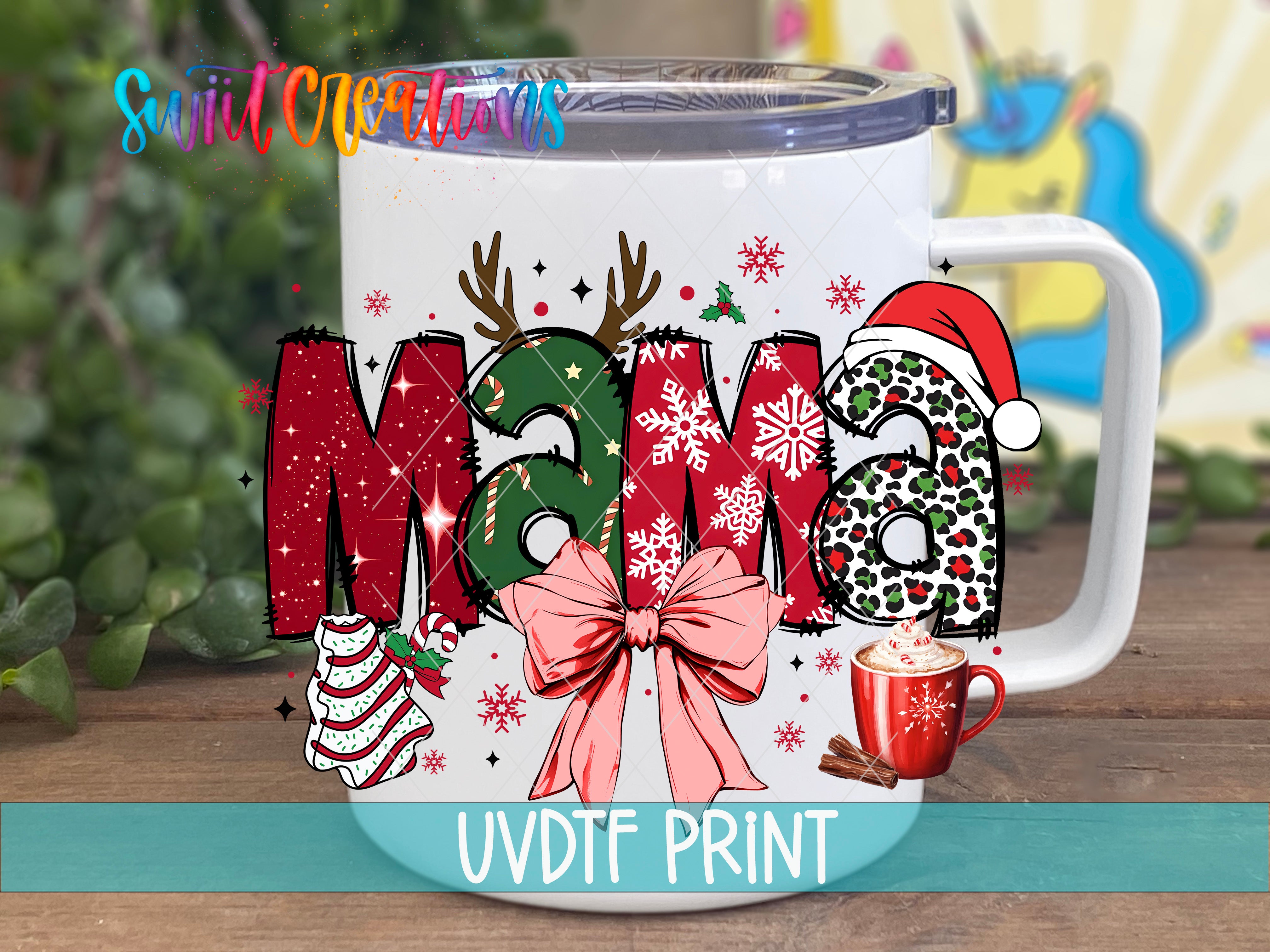 A white mug with a colorful design featuring the word "MAMA" and various Christmas-themed elements such as snowflakes, reindeer, and a Santa hat.