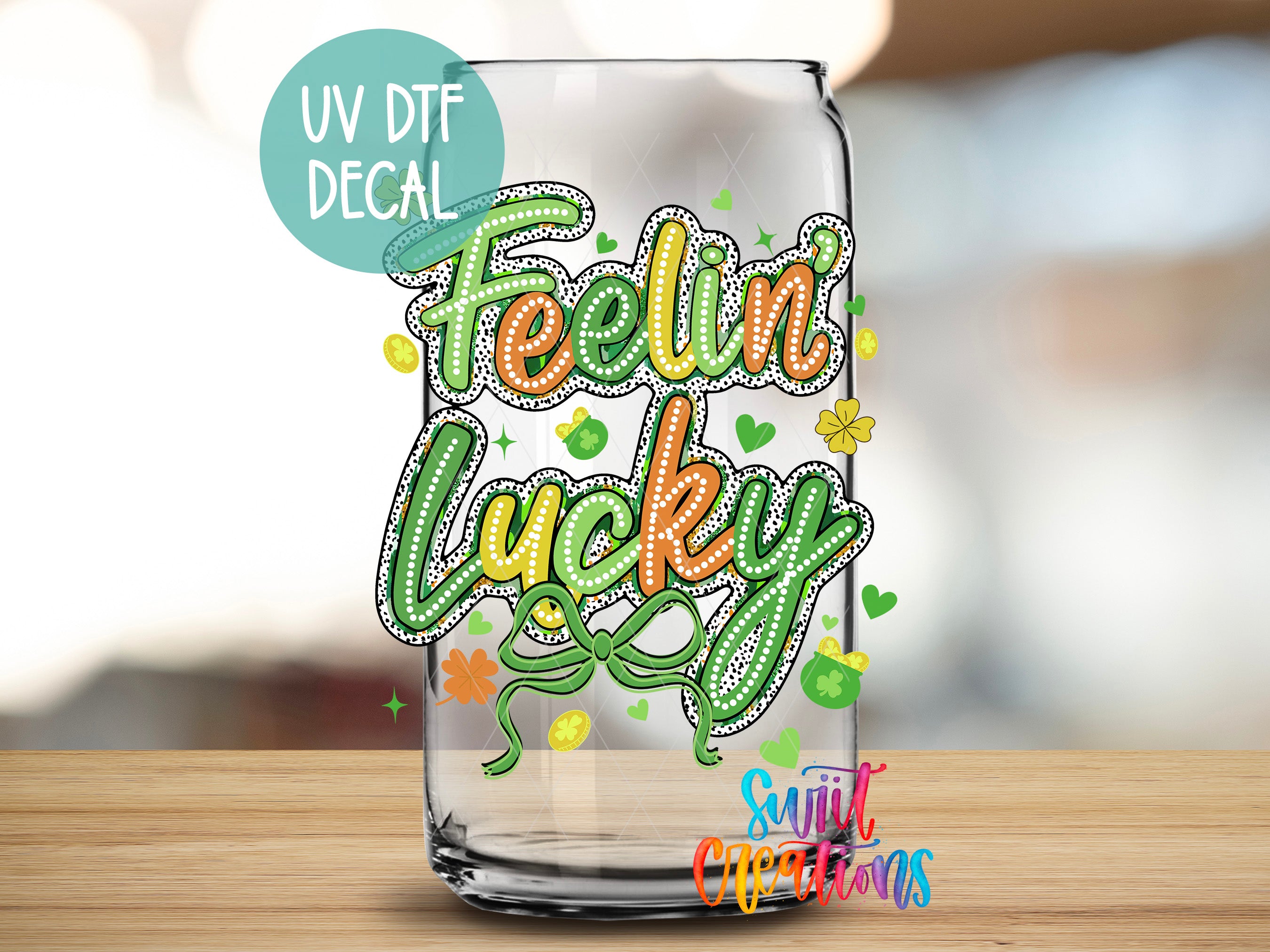 a clear glass with the words team lucky on it