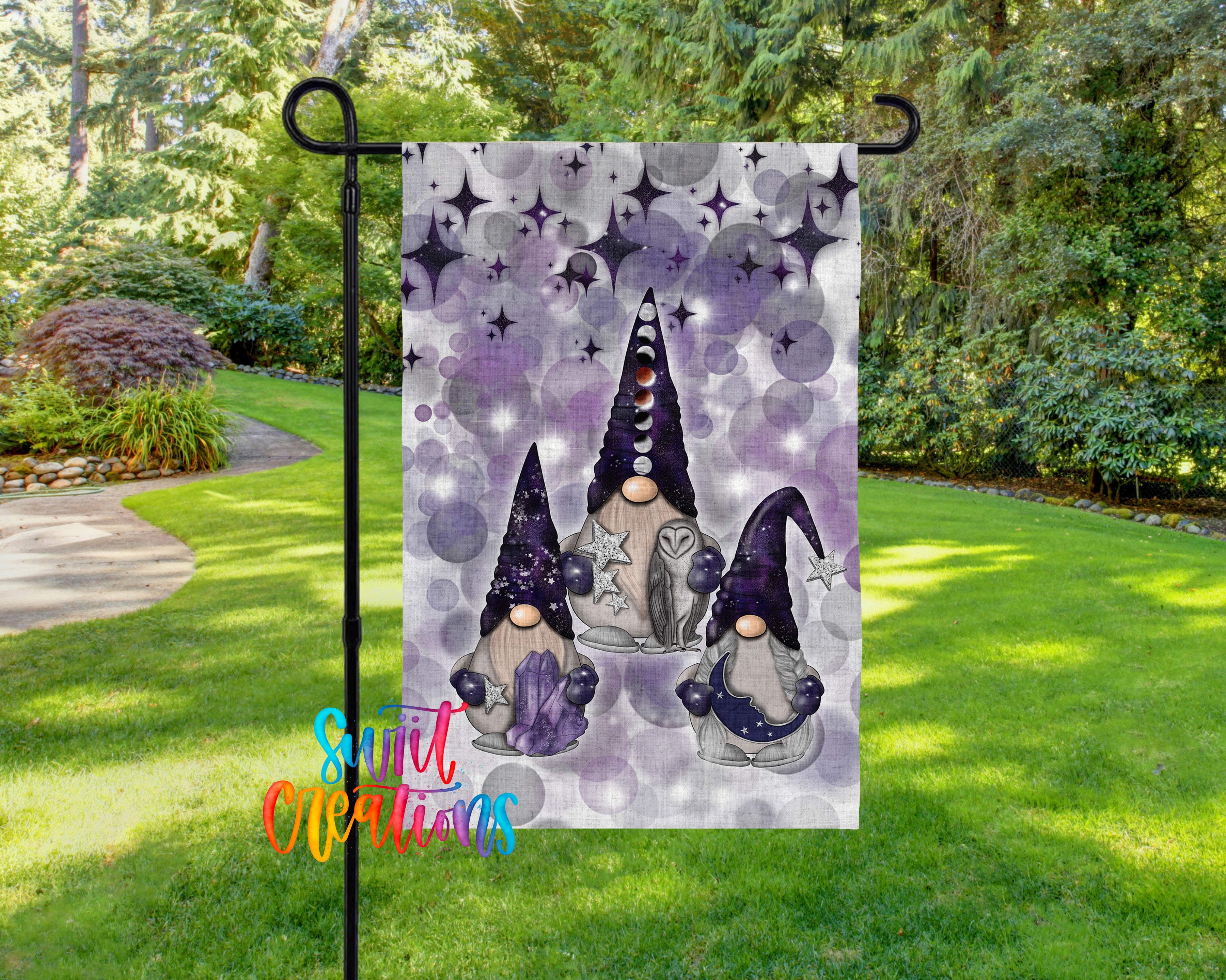 A garden flag featuring three gnomes with purple hats and starry night sky backgrounds.