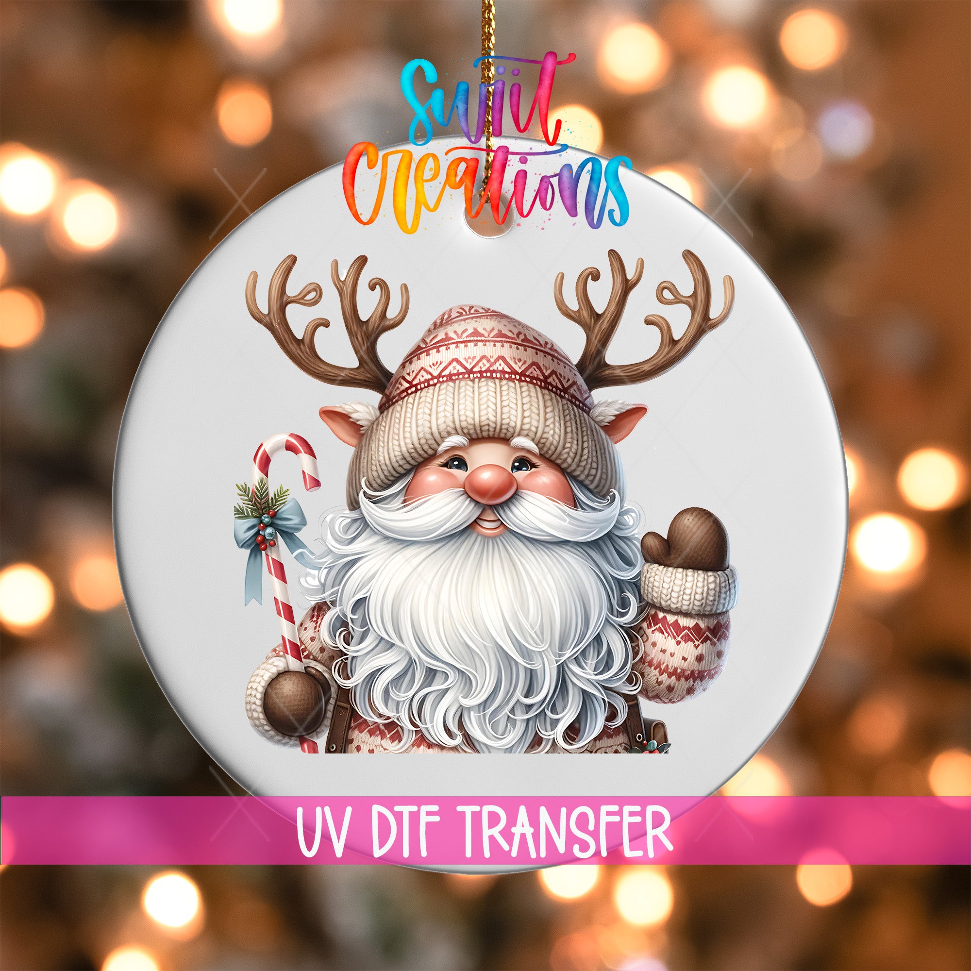 A white ornament featuring a smiling Santa Claus with antlers and a beard, holding a candy cane and a gift, against a background of colorful lights.
