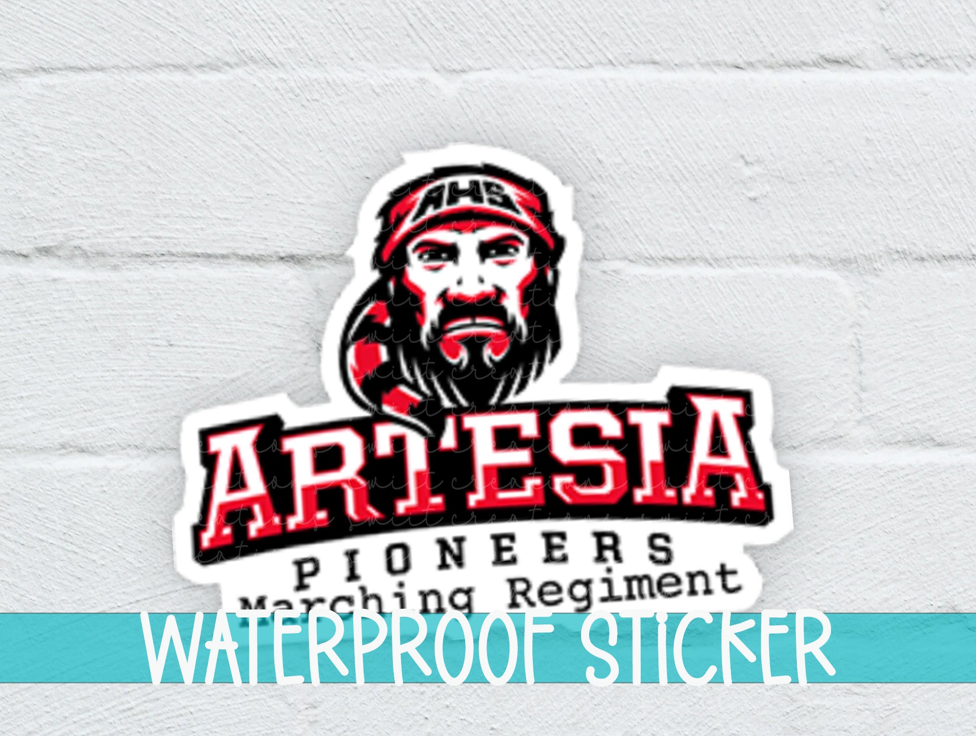 a white brick wall with a sticker of a man with a beard