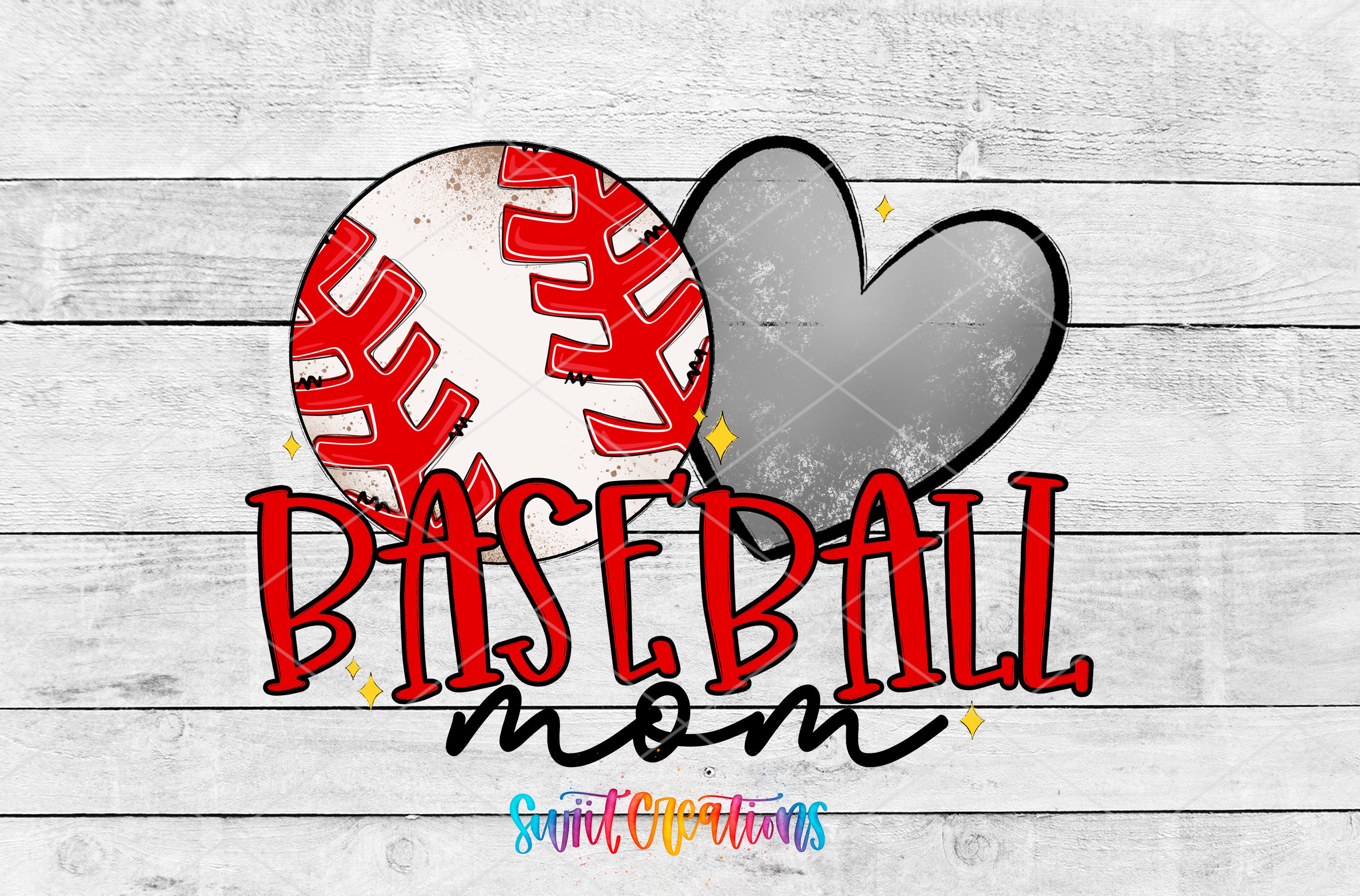 a baseball and a heart, with the text "BASEBALL mom" written below them.