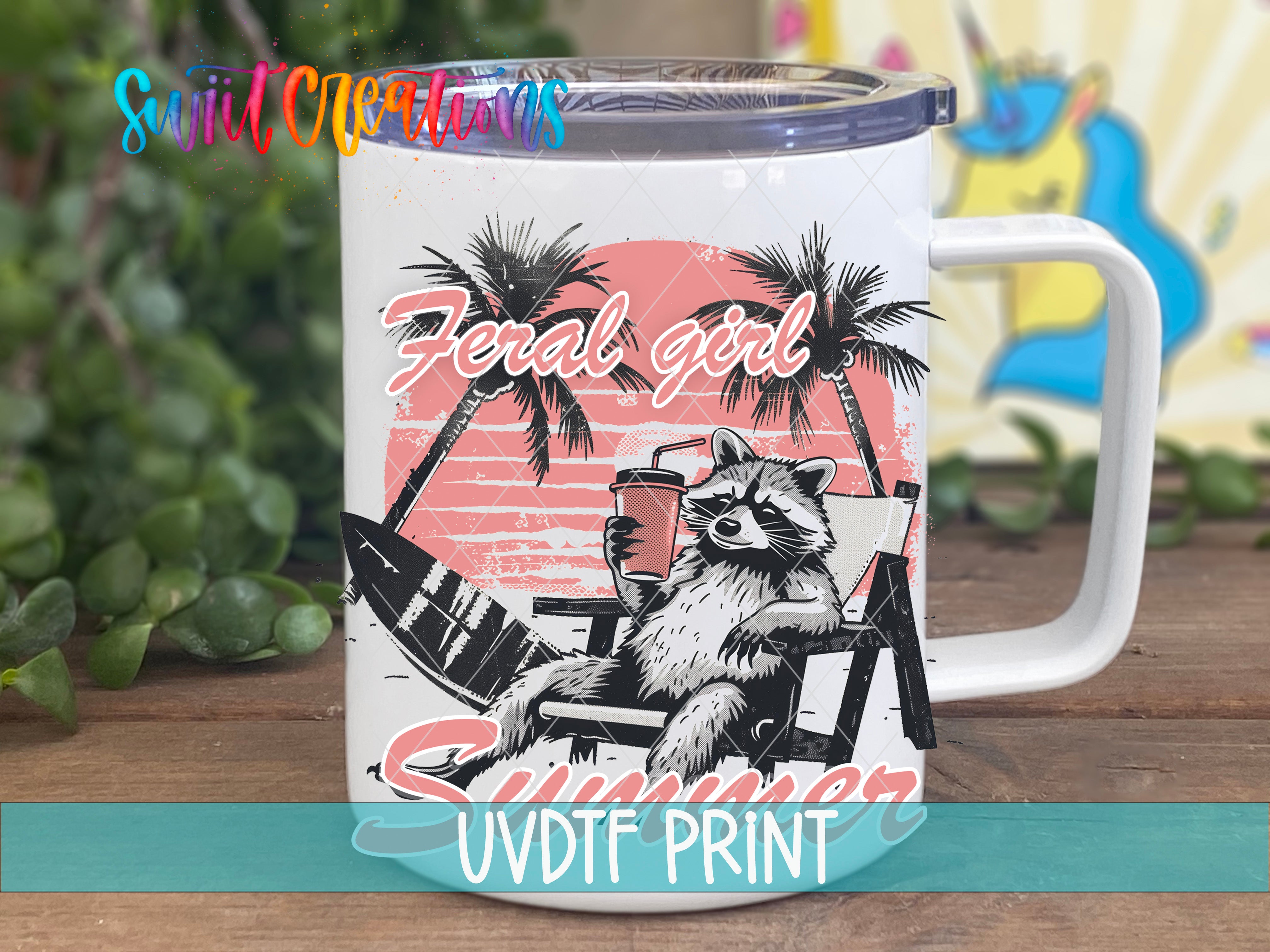 A mug with a printed design featuring a raccoon sitting on a beach chair, with palm trees and a sunset in the background.