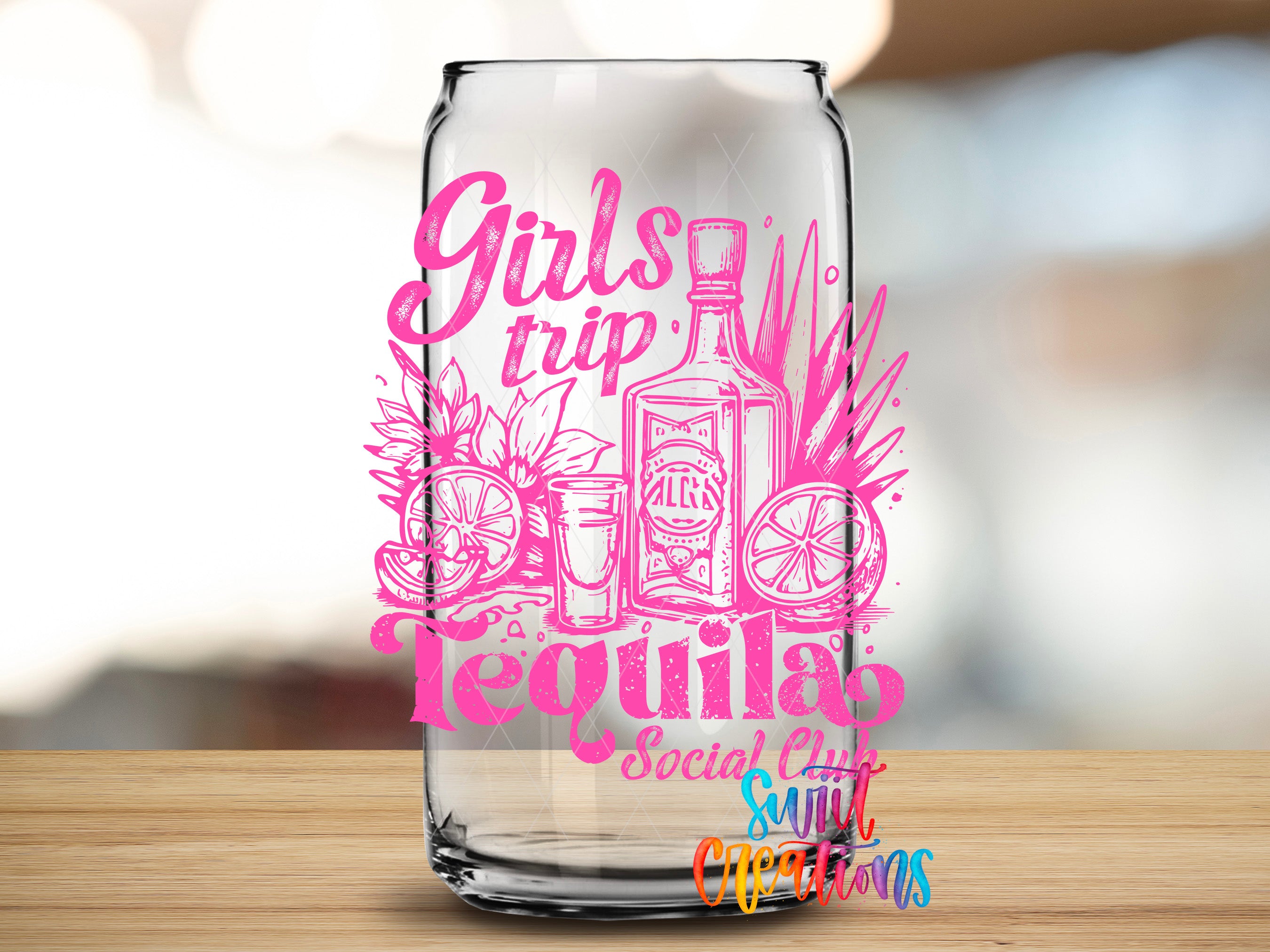 A glass can with a pink and white design featuring text and illustrations related to tequila, such as bottles, flowers, and citrus fruits.