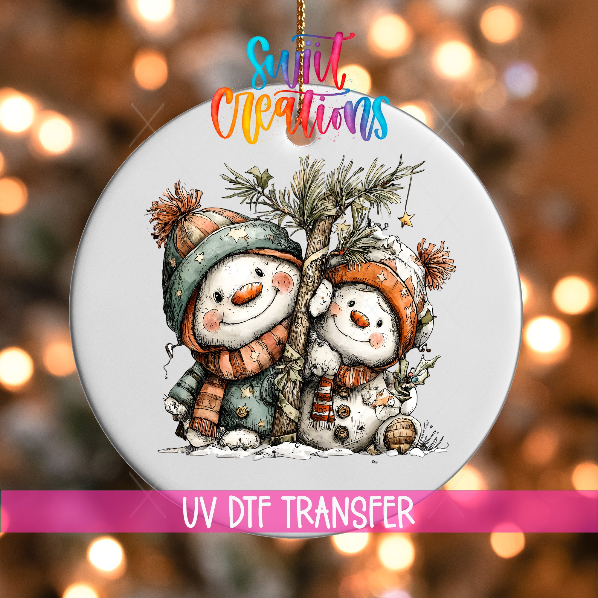 A snowman and a pine tree ornament with a colorful background, featuring the text "Sweet Creations" and "UV Dtf Transfer".