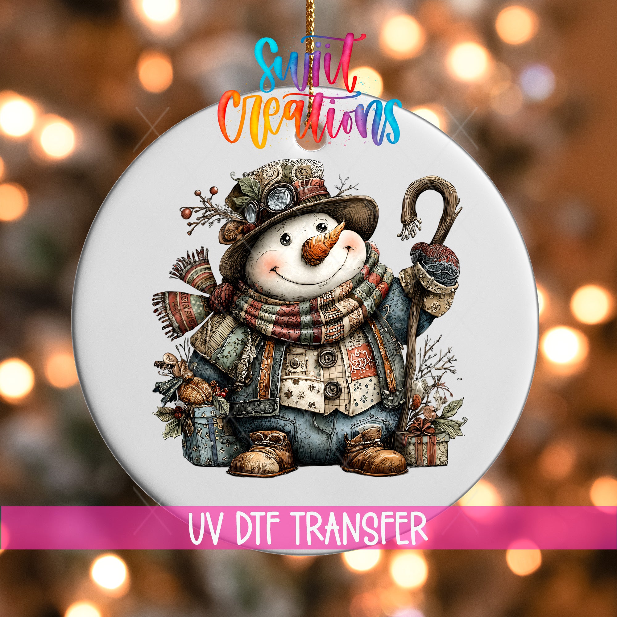 A snowman ornament with a scarf, hat, and cane, surrounded by various holiday decorations, is displayed against a blurred background with colorful lights.