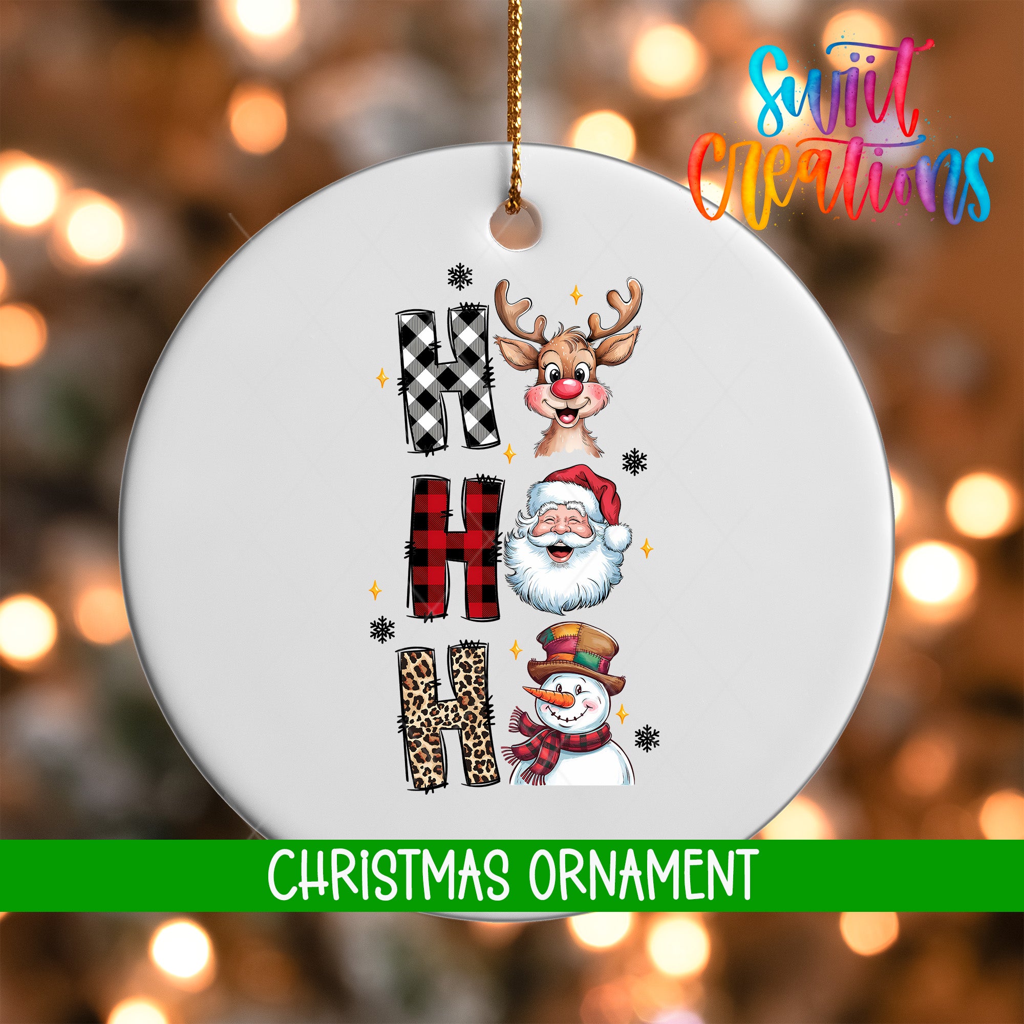 A white Christmas ornament with the word "HAPPY" spelled out in a stylized font, featuring a reindeer, Santa Claus, and a snowman.