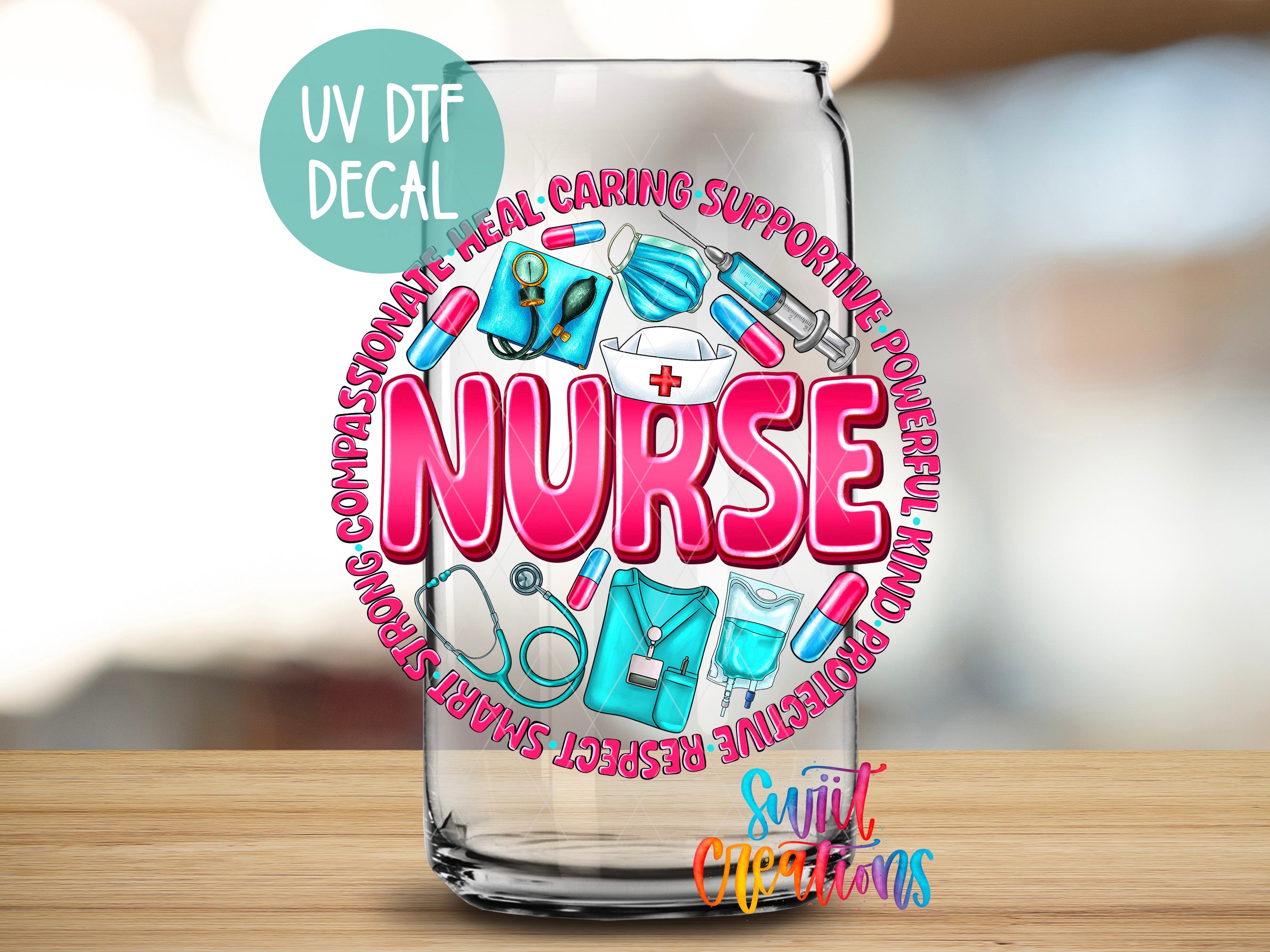 a glass with the word nurse on it