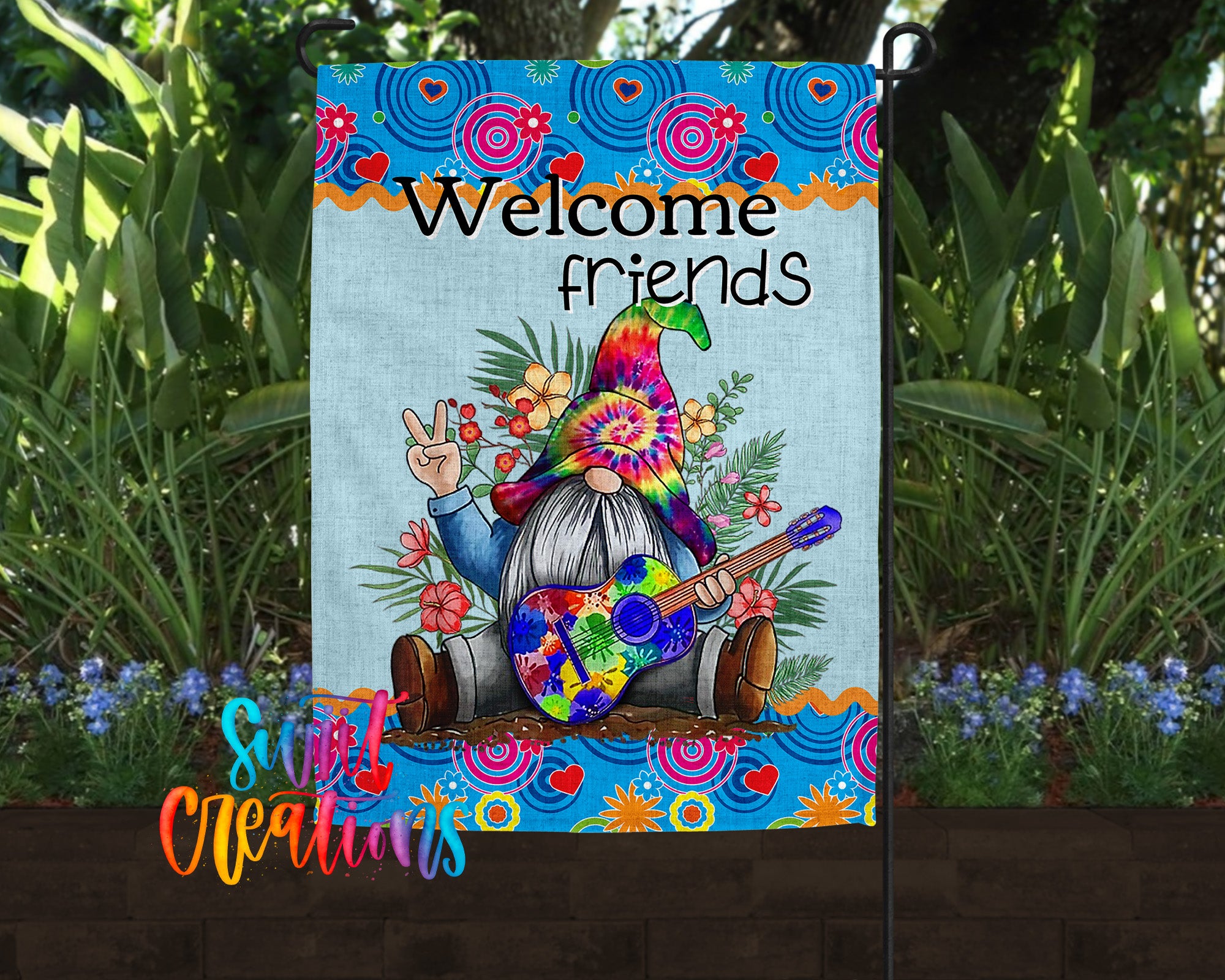 A colorful garden sign featuring a gnome holding a guitar and surrounded by flowers and plants.