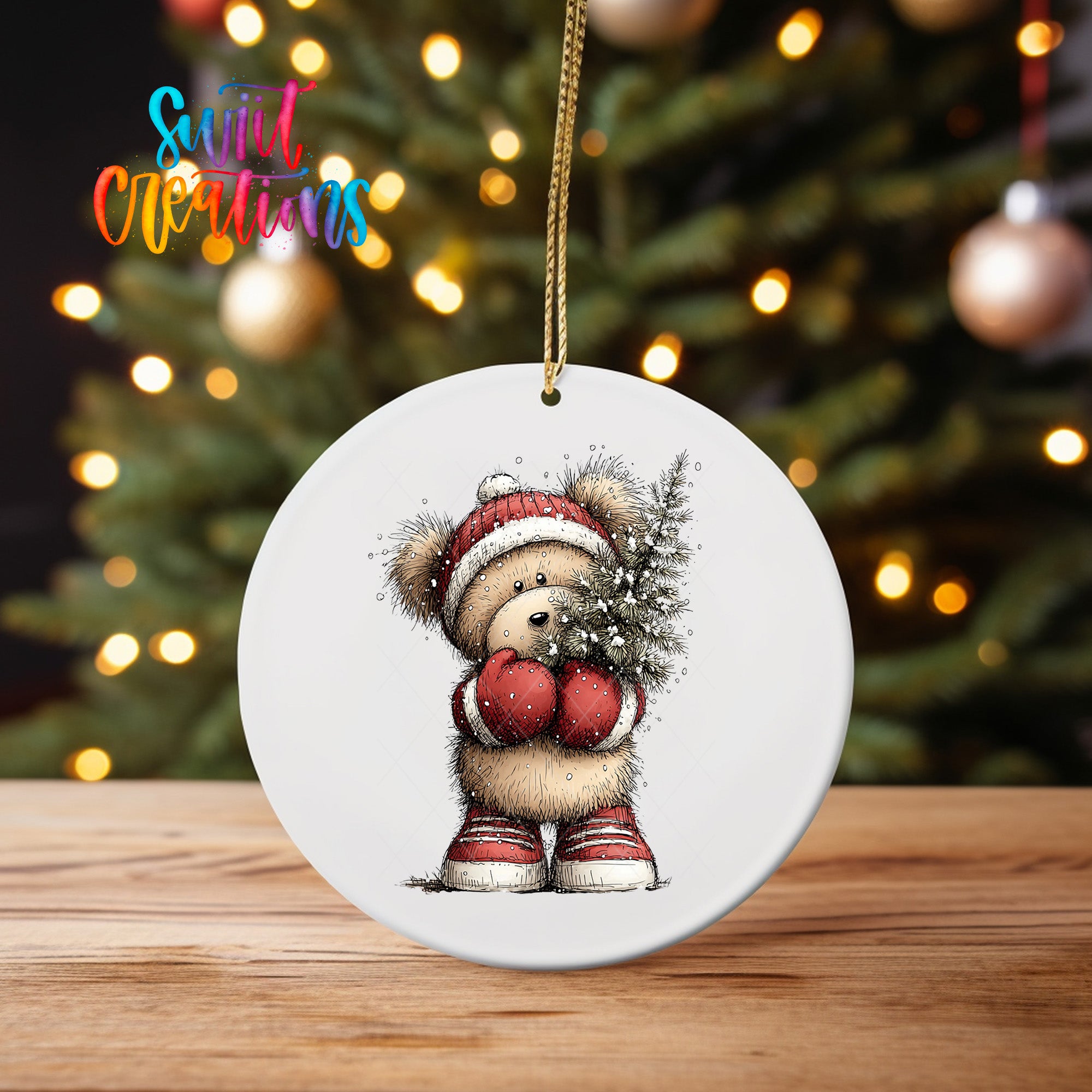 A white ceramic ornament featuring a teddy bear wearing a red hat and holding a small Christmas tree.