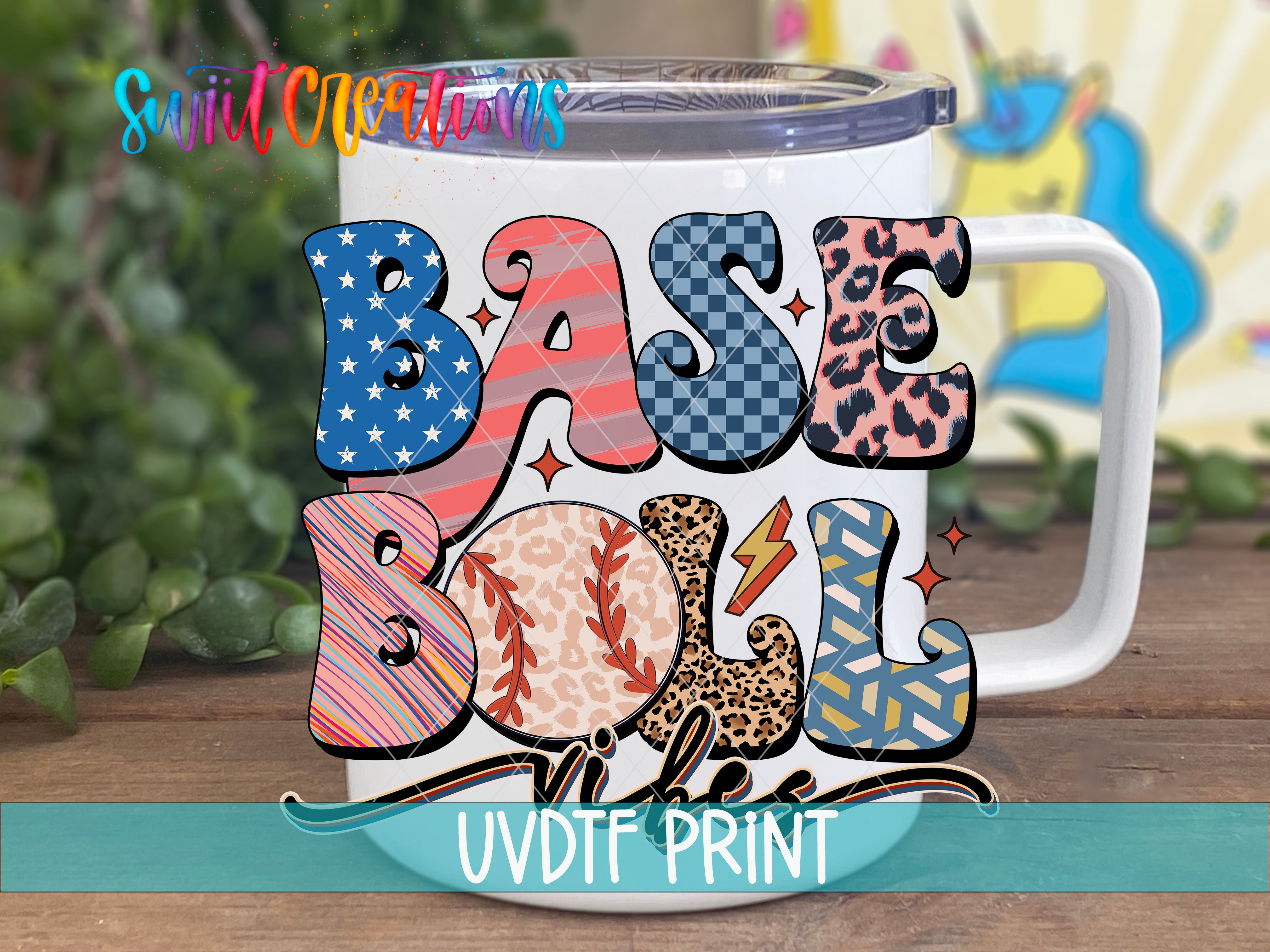A white mug with colorful text that says "BASEBALL VEINS" printed on it.