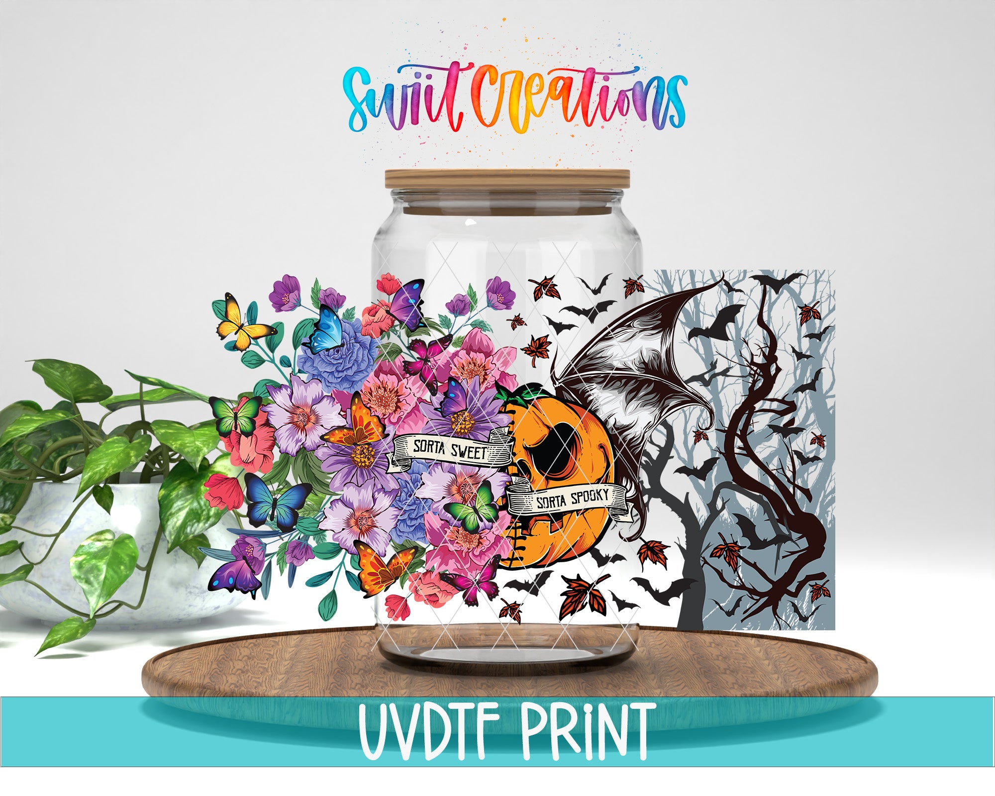 The image is a collage featuring a glass jar with a Halloween-themed design, including a pumpkin, bats, flowers, and a banner that says "SORCET SWEET". The jar is placed on a wooden surface, and there is a plant and a card with a Halloween-themed design in the background. The text "UVDDF PRINT" is visible, indicating that this is a printed image.